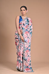 Printed Chinon Saree with Hand Embroidery – A Bloom of Elegance