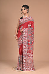 Royal Red Ajrakh Gajji Silk Saree – Hand Embroidered Heritage