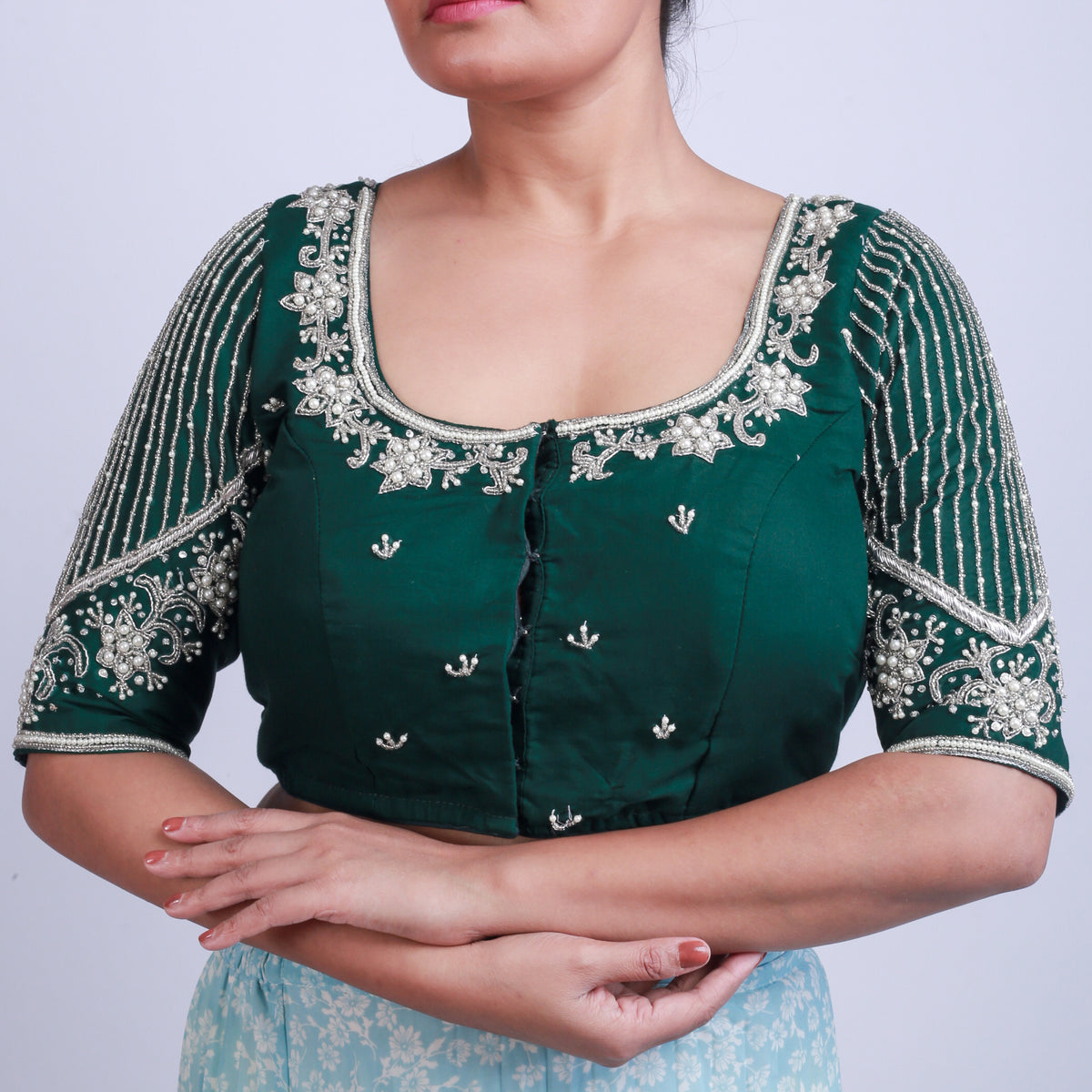 Green Silk Blouse with Gold hand embroidery Main image
