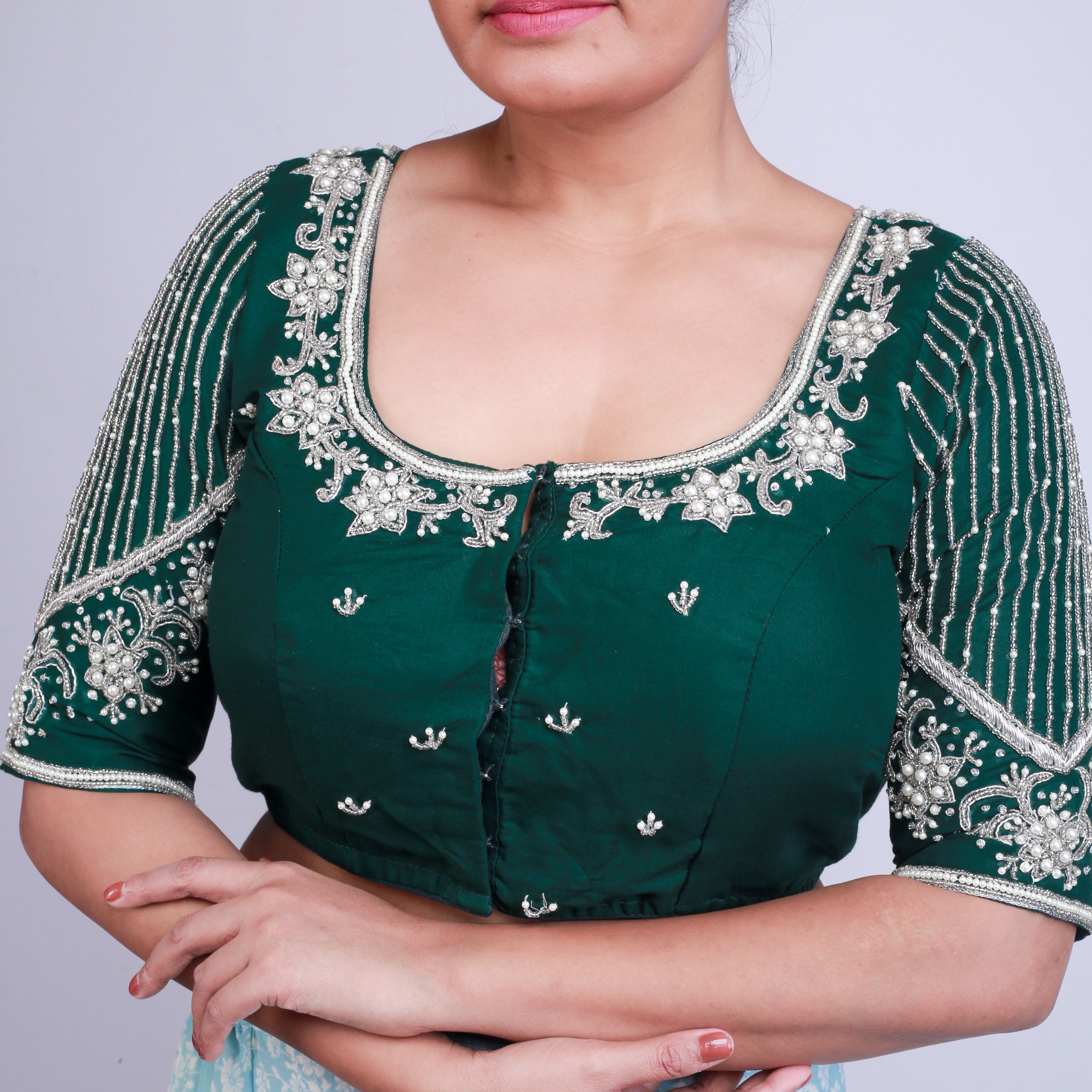 Green Silk Blouse with Gold hand embroidery