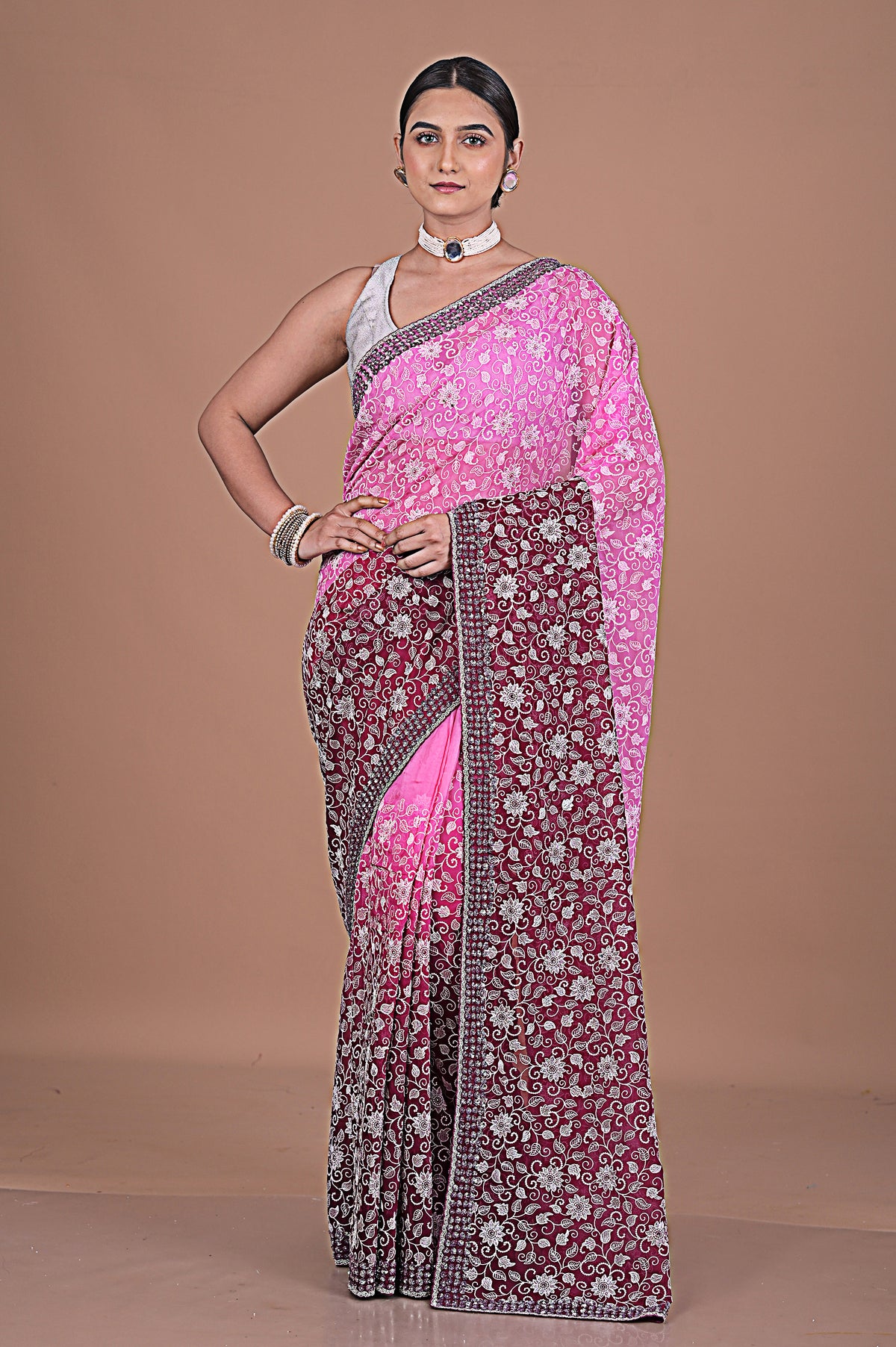 Georgette saree with Jaal embroidery Main image