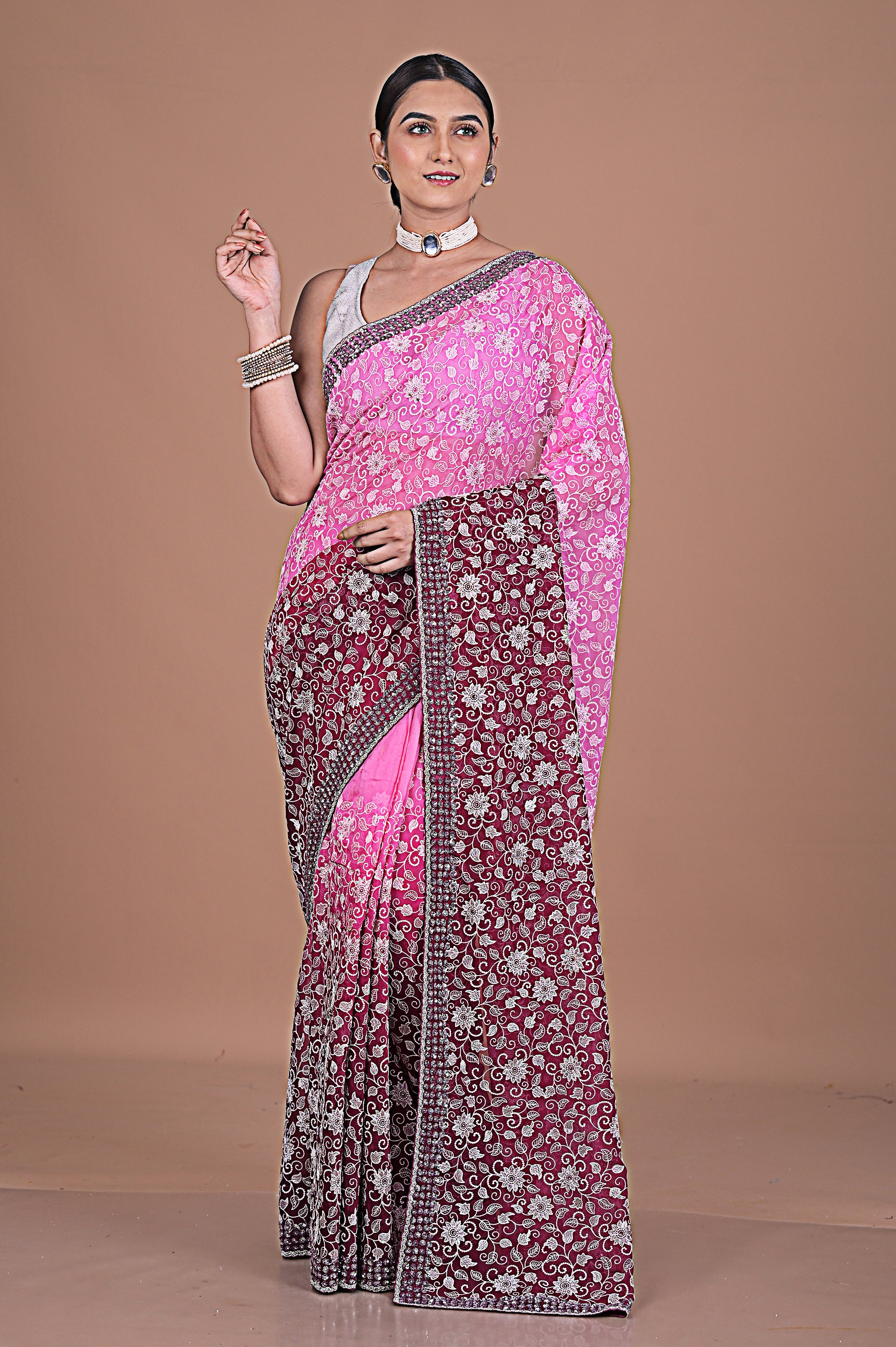 Georgette saree with Jaal embroidery Secondary image