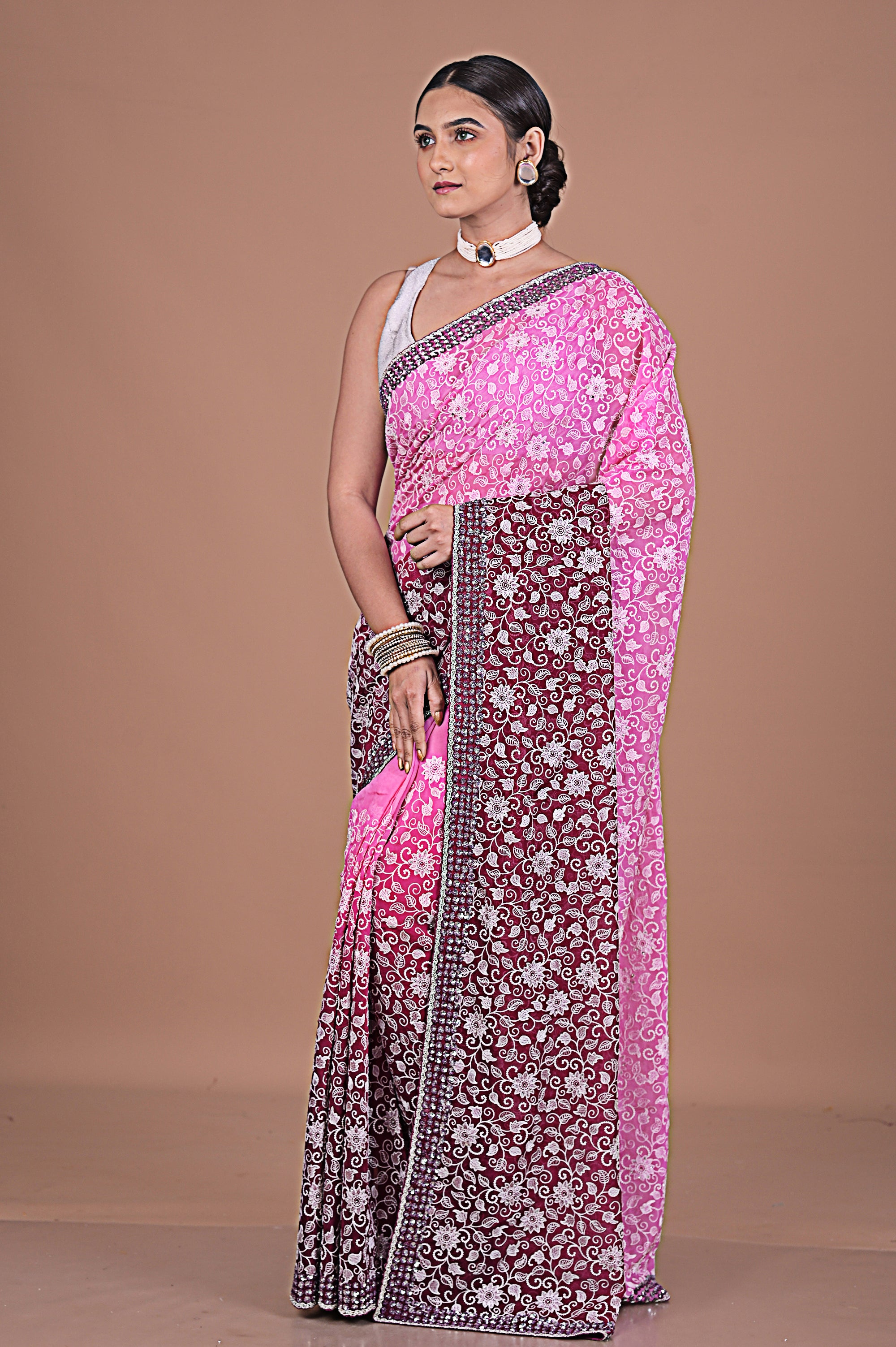 Georgette saree with Jaal embroidery