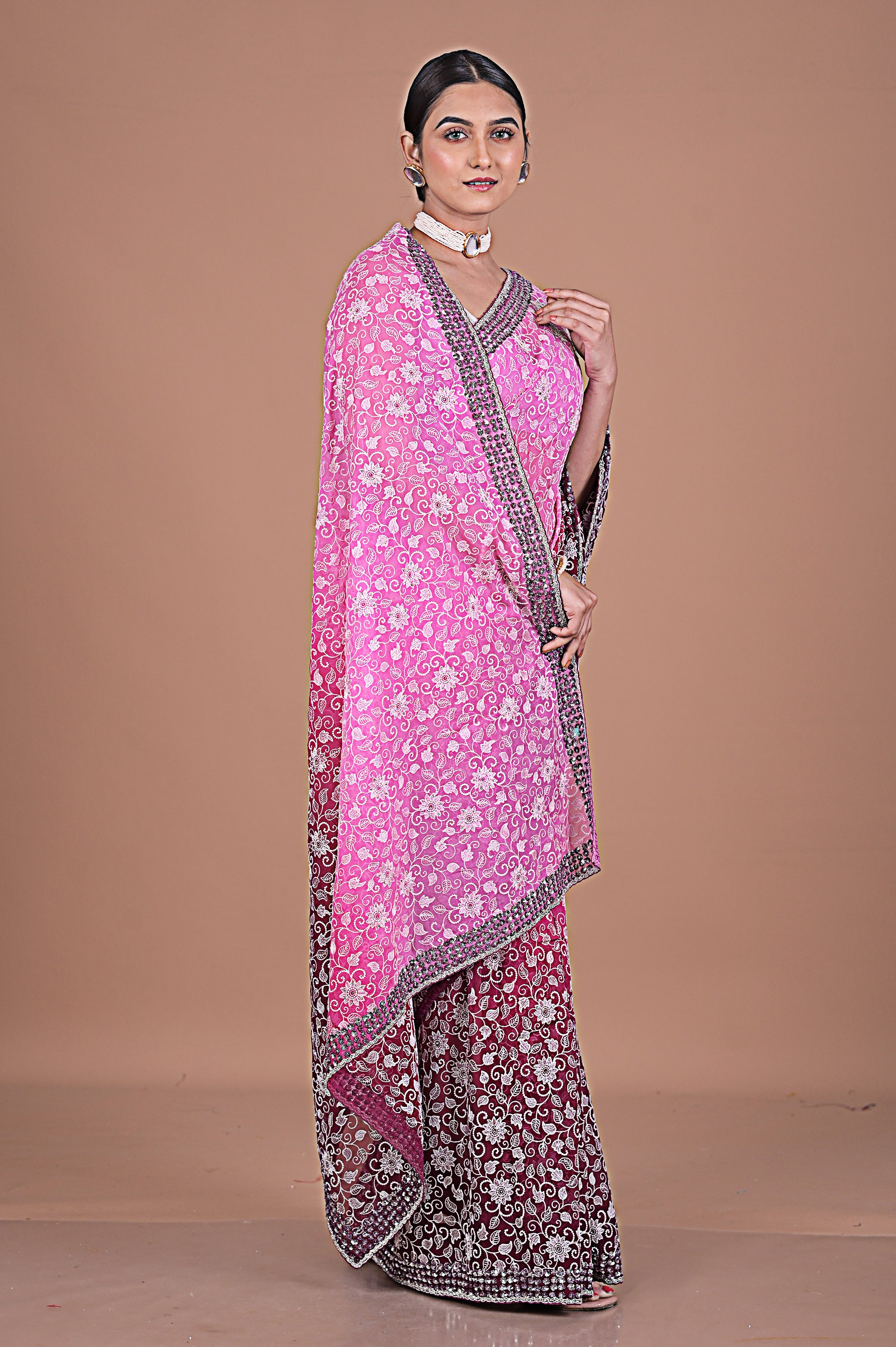 Georgette saree with Jaal embroidery