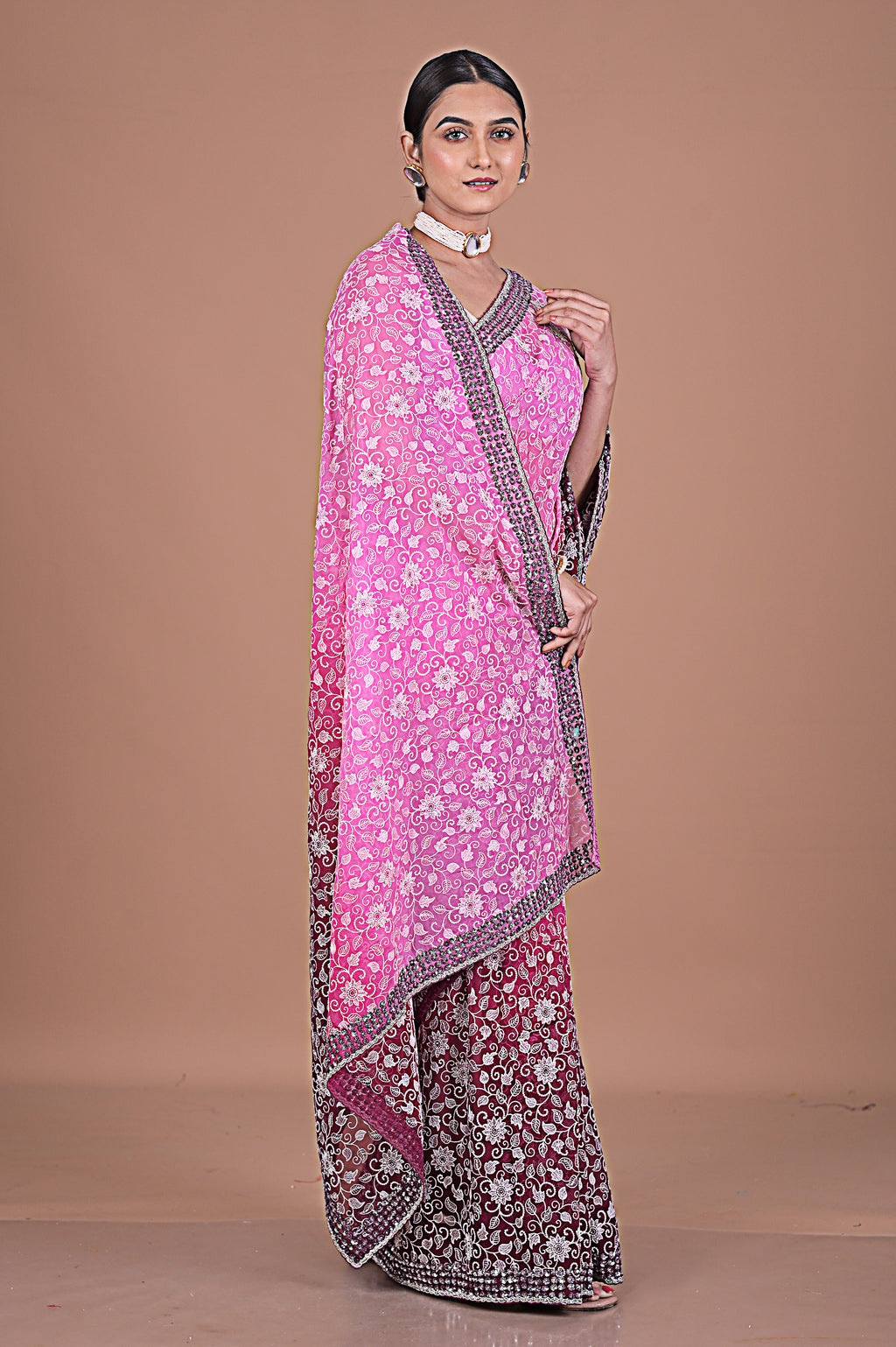 Georgette saree with Jaal embroidery