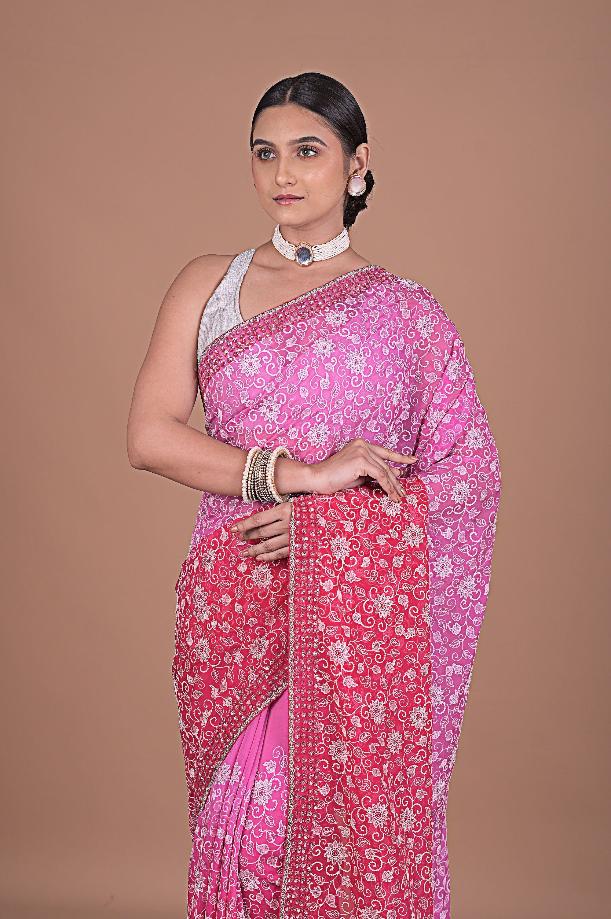 Georgette saree with Jaal embroidery