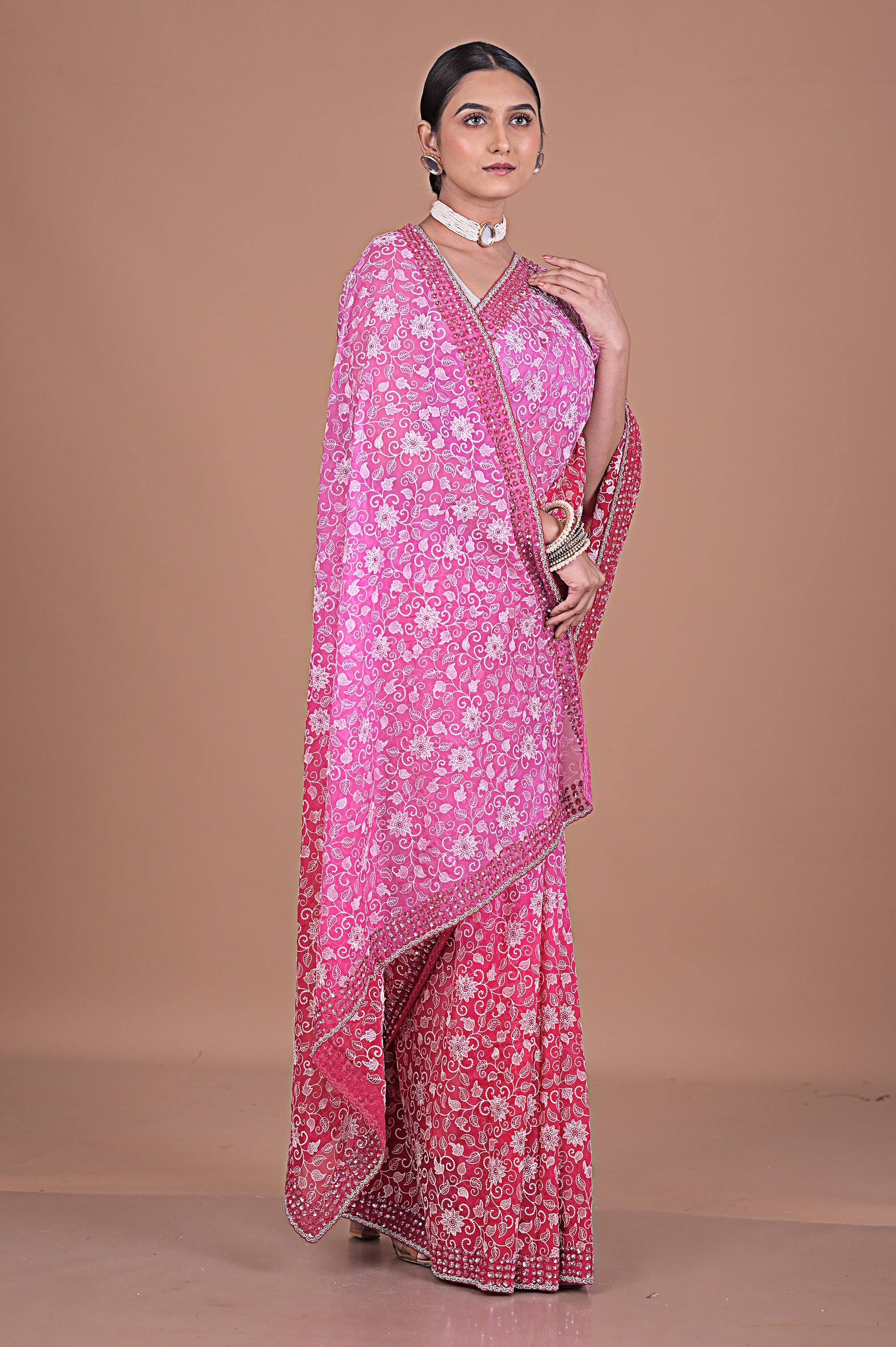 Georgette saree with Jaal embroidery