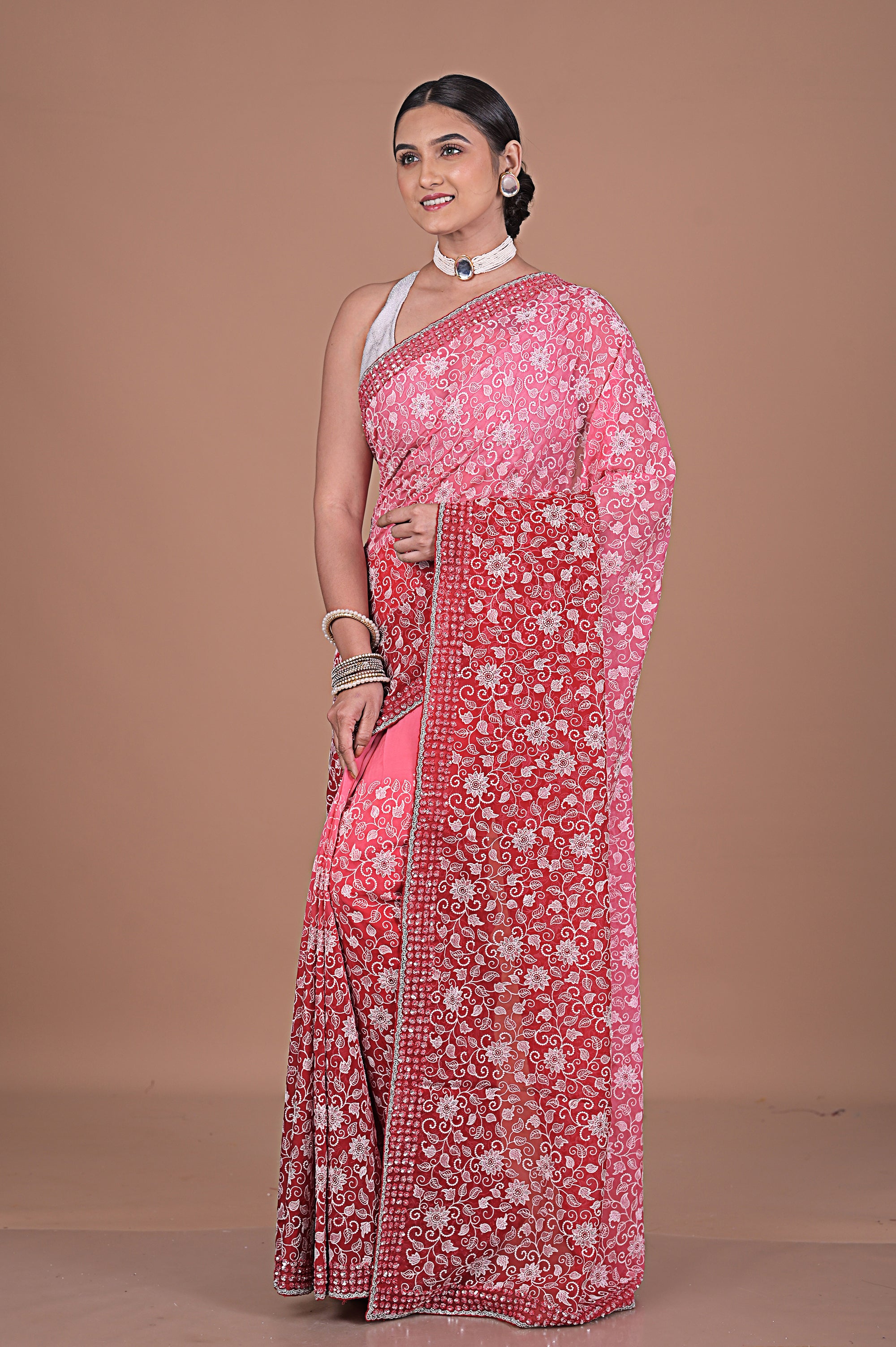 Georgette saree with Jaal embroidery