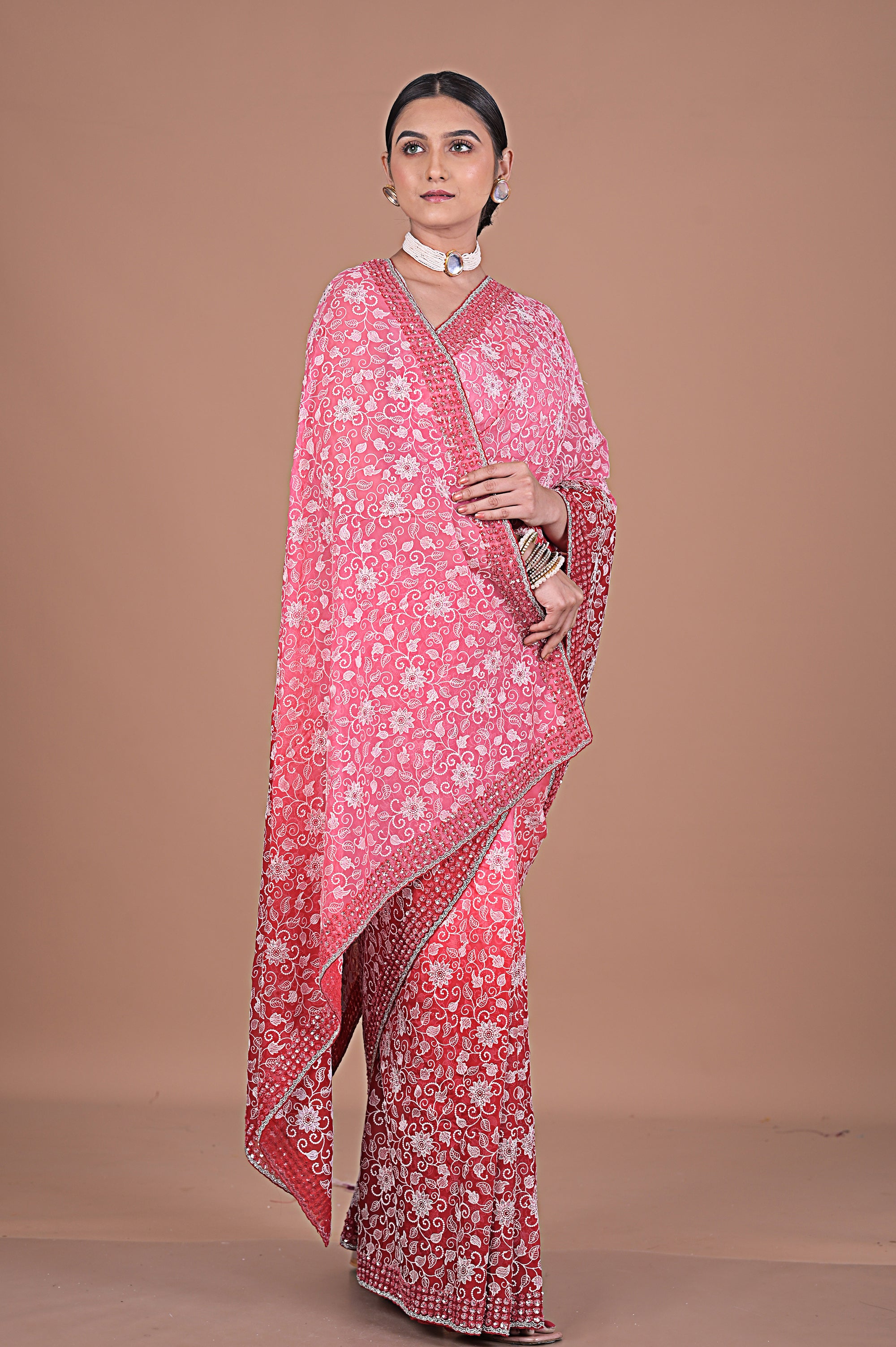 Georgette saree with Jaal embroidery