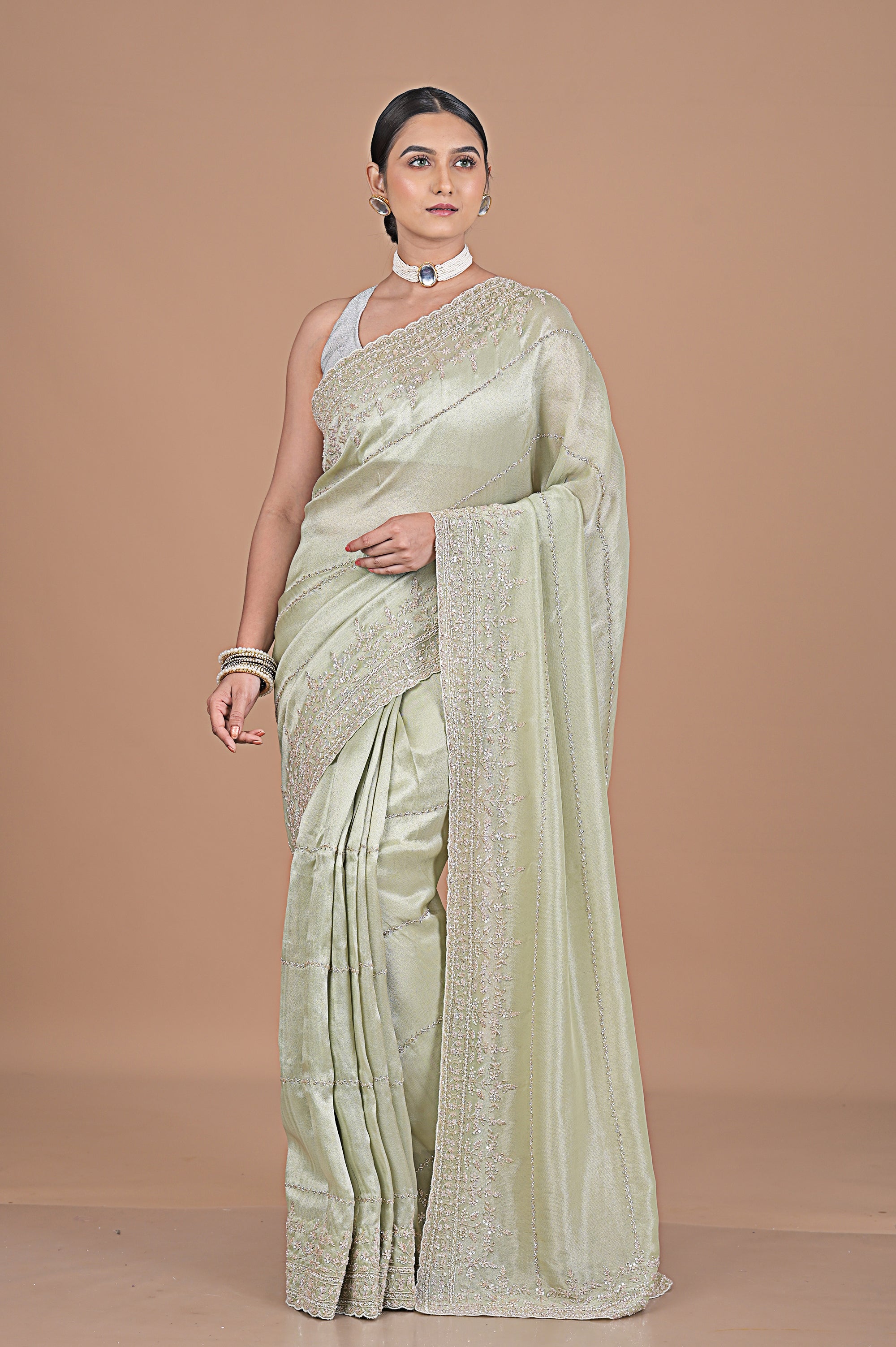 Silk tissue saree with cutdana work embroidery