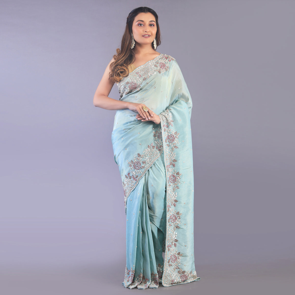 Hand embroidered silk tissue saree Main image