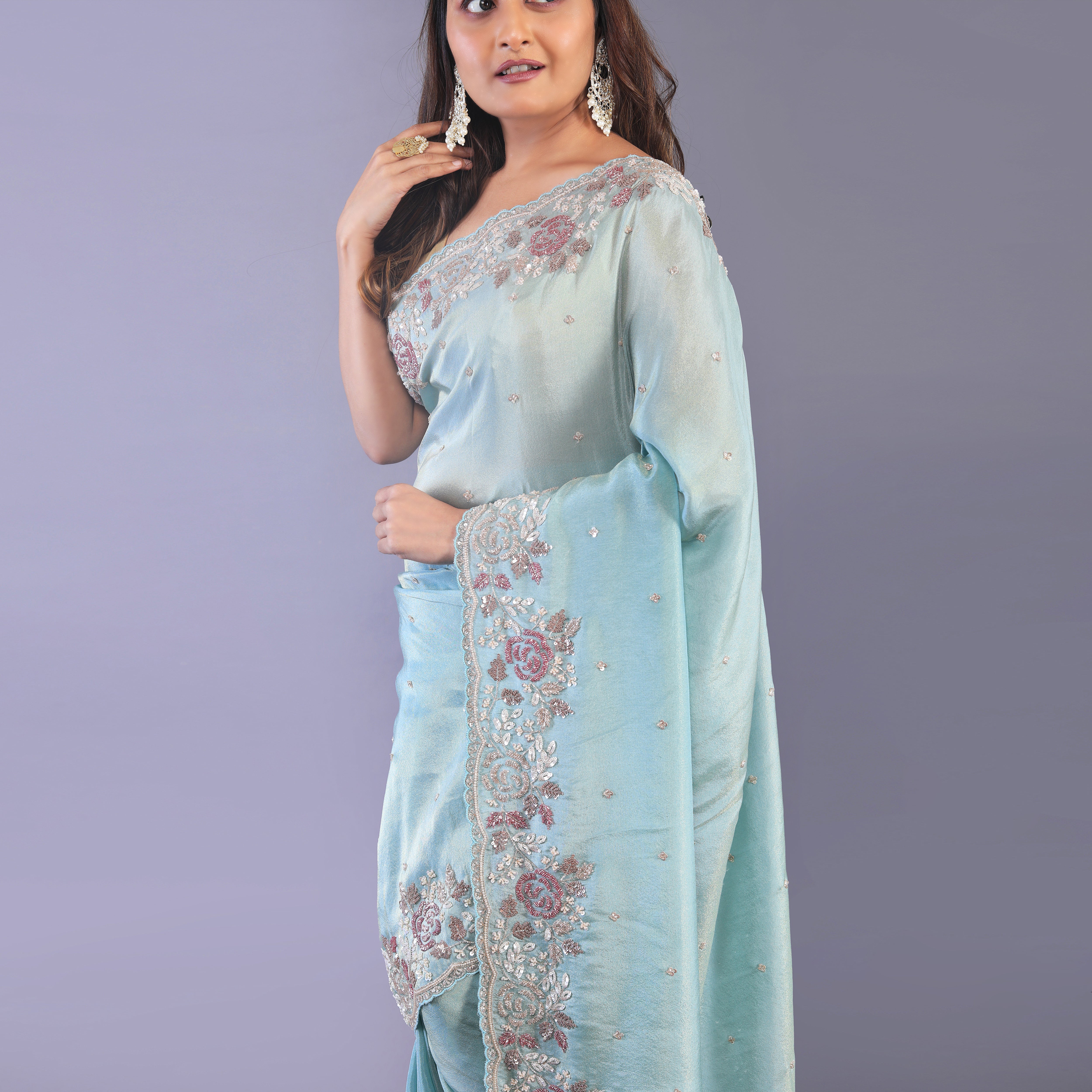 Silk tissue saree cut dana and zardosi work Secondary image