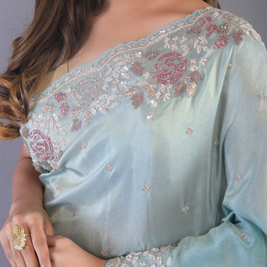 Silk tissue saree cut dana and zardosi work