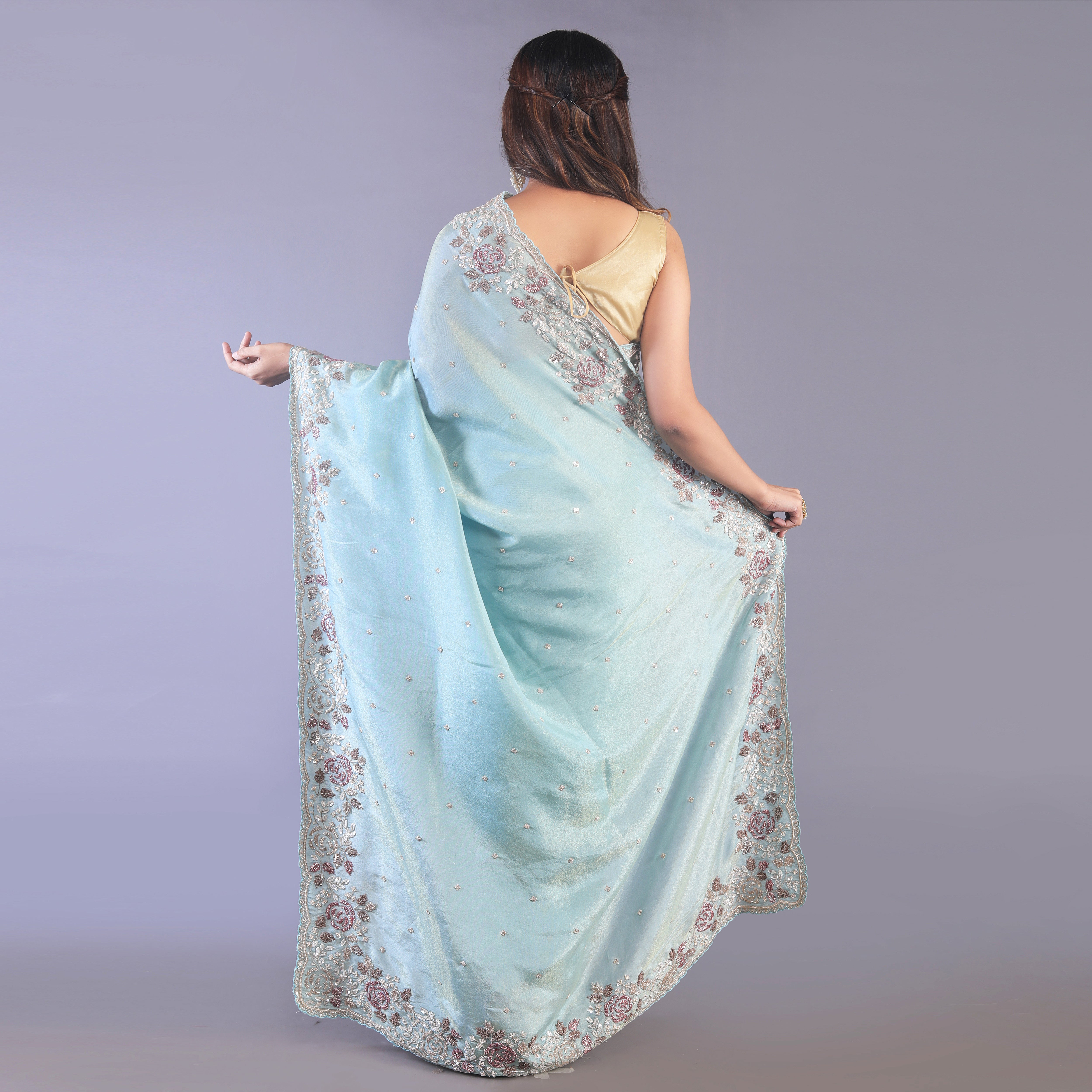 Silk tissue saree cut dana and zardosi work