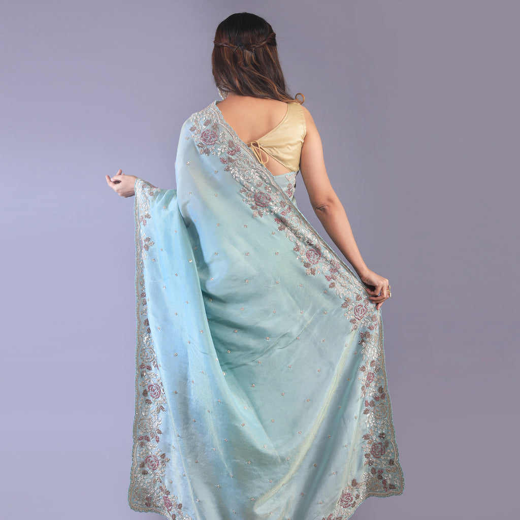 Silk tissue saree cut dana and zardosi work