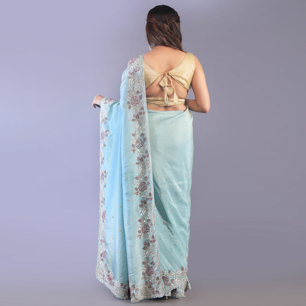 Silk tissue saree cut dana and zardosi work