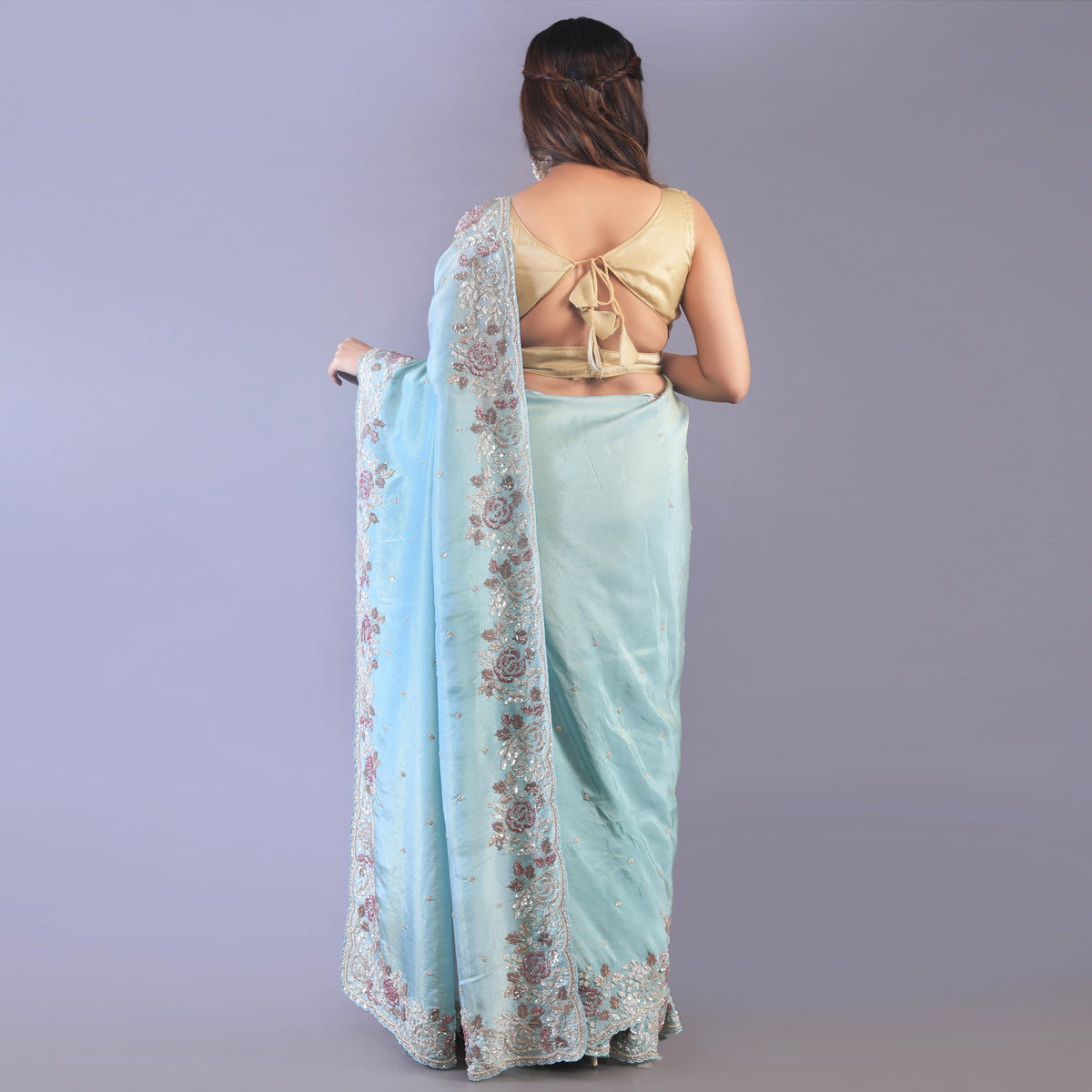 Silk tissue saree cut dana and zardosi work