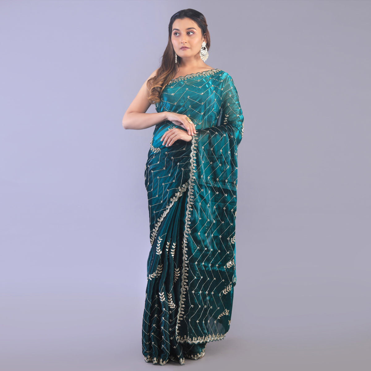 Glass tissue saree with Jaal embroidery