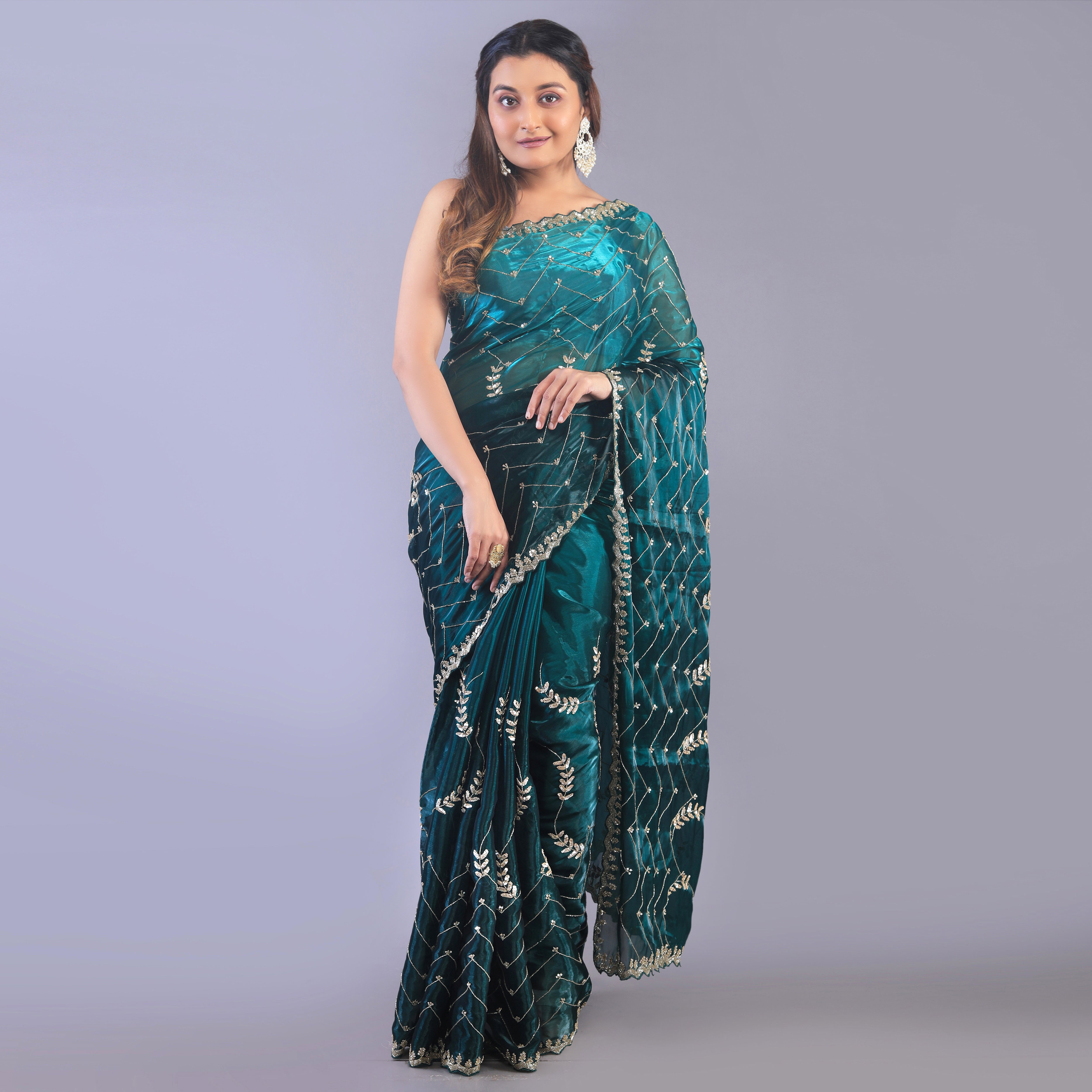 Glass tissue saree with Jaal embroidery