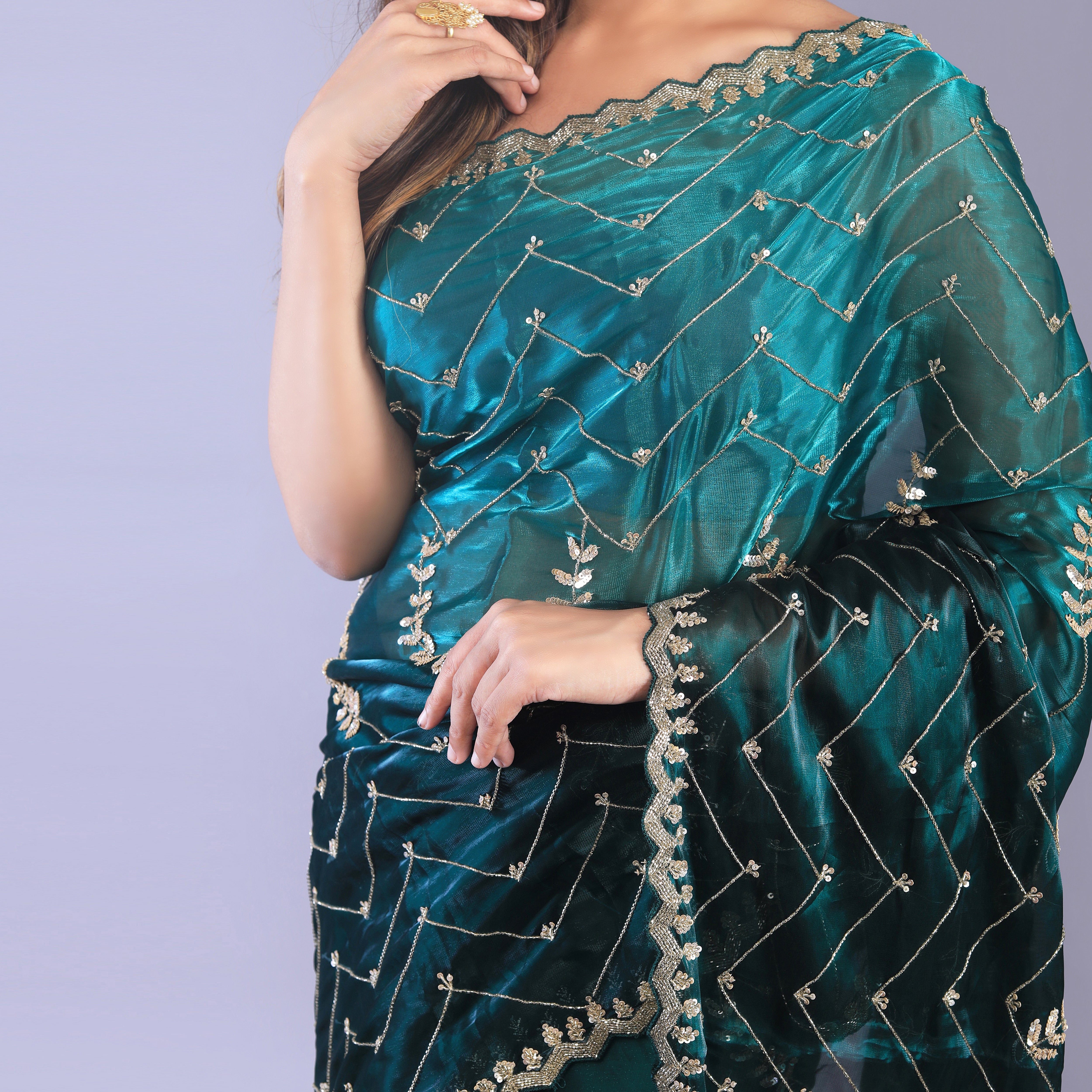 Glass tissue saree with Jaal embroidery