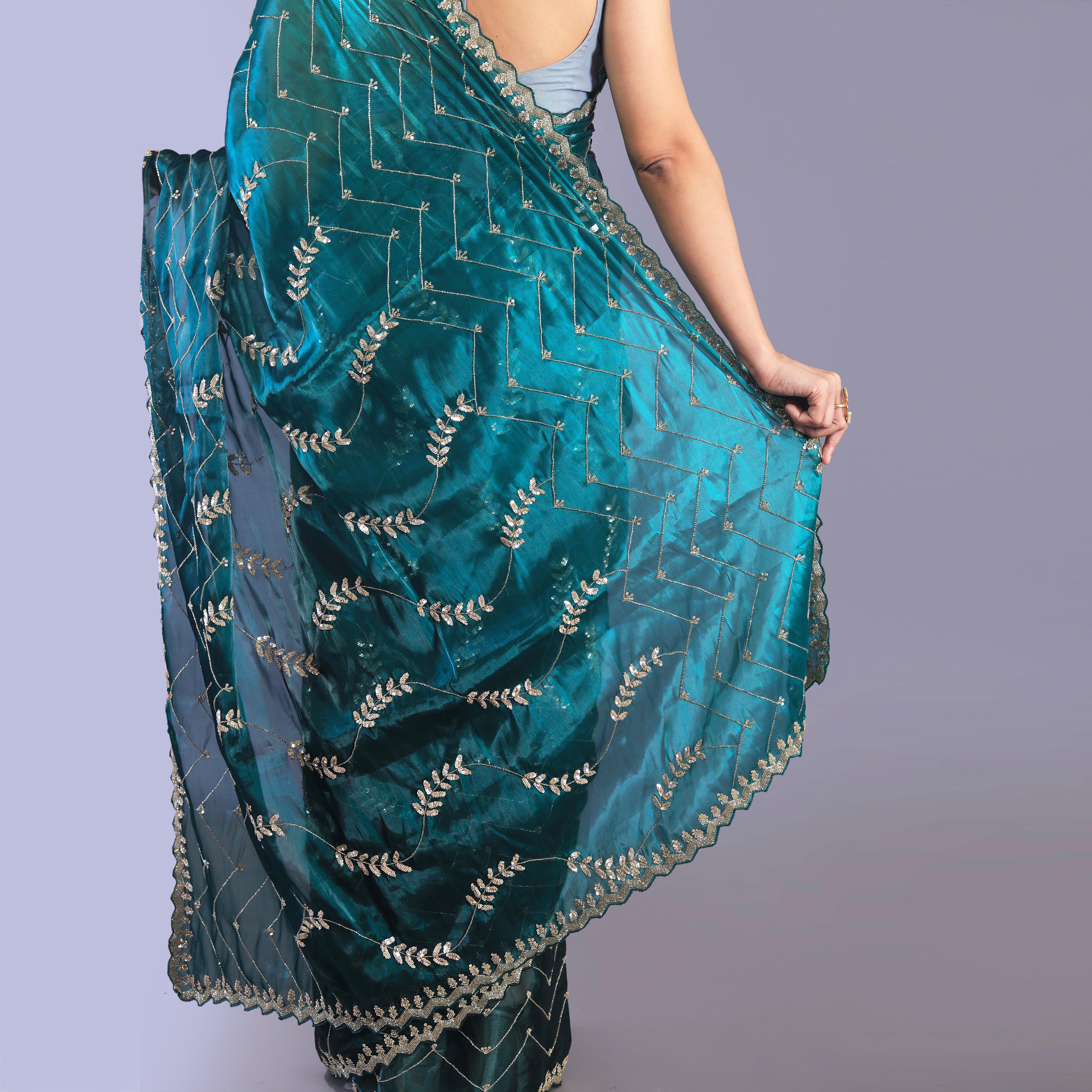 Glass tissue saree with Jaal embroidery