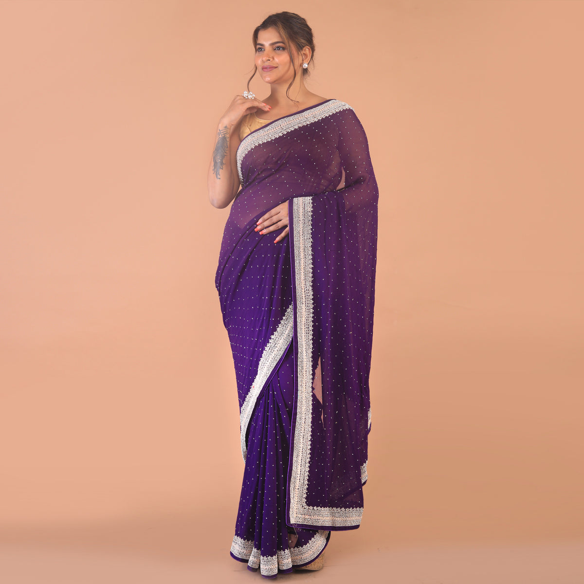georgette  with cutdana and pearly border work
