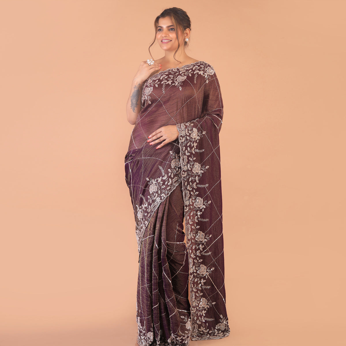 Silk tissue saree cut dana and zardosi work Main image