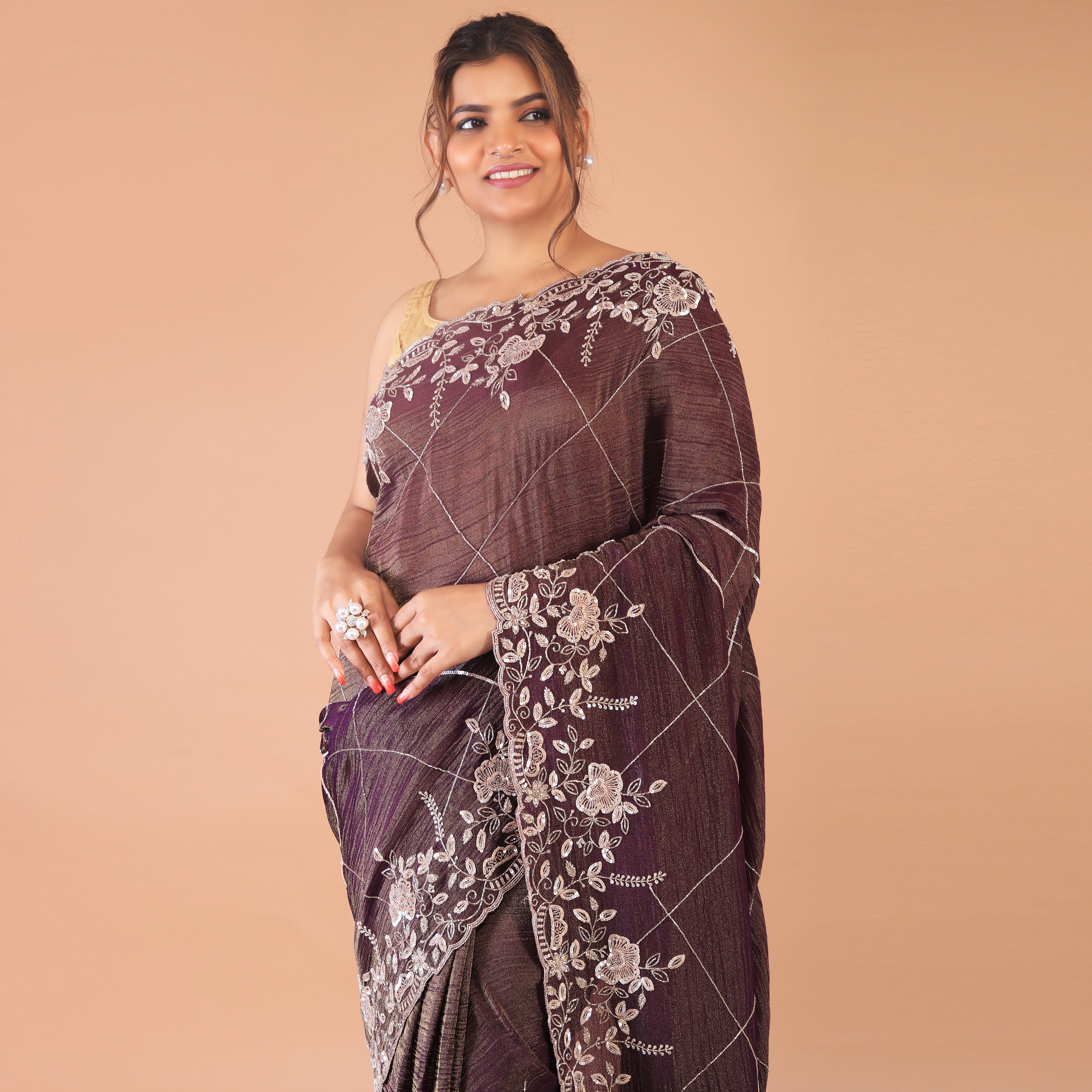 Silk tissue saree cut dana and zardosi work