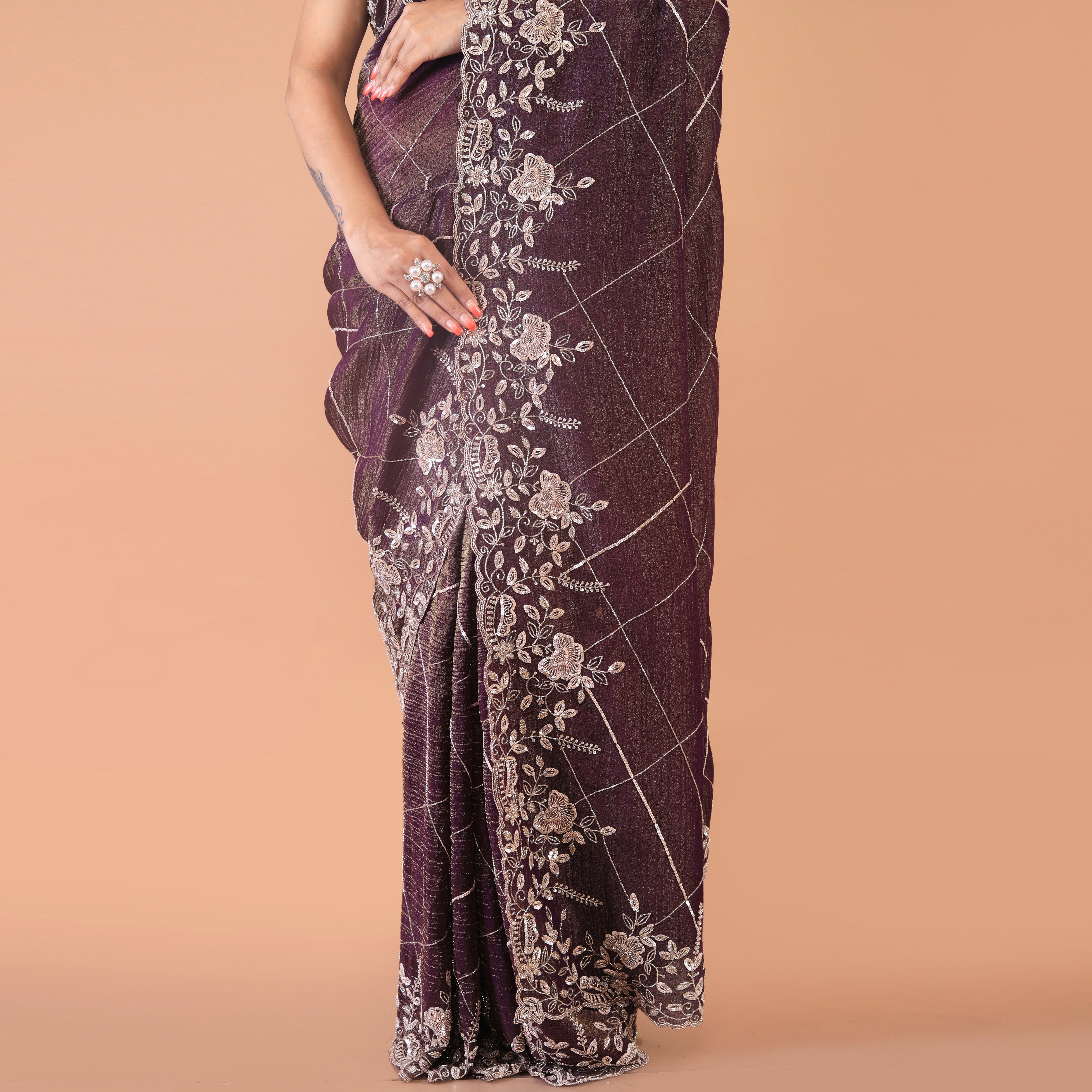 Silk tissue saree cut dana and zardosi work