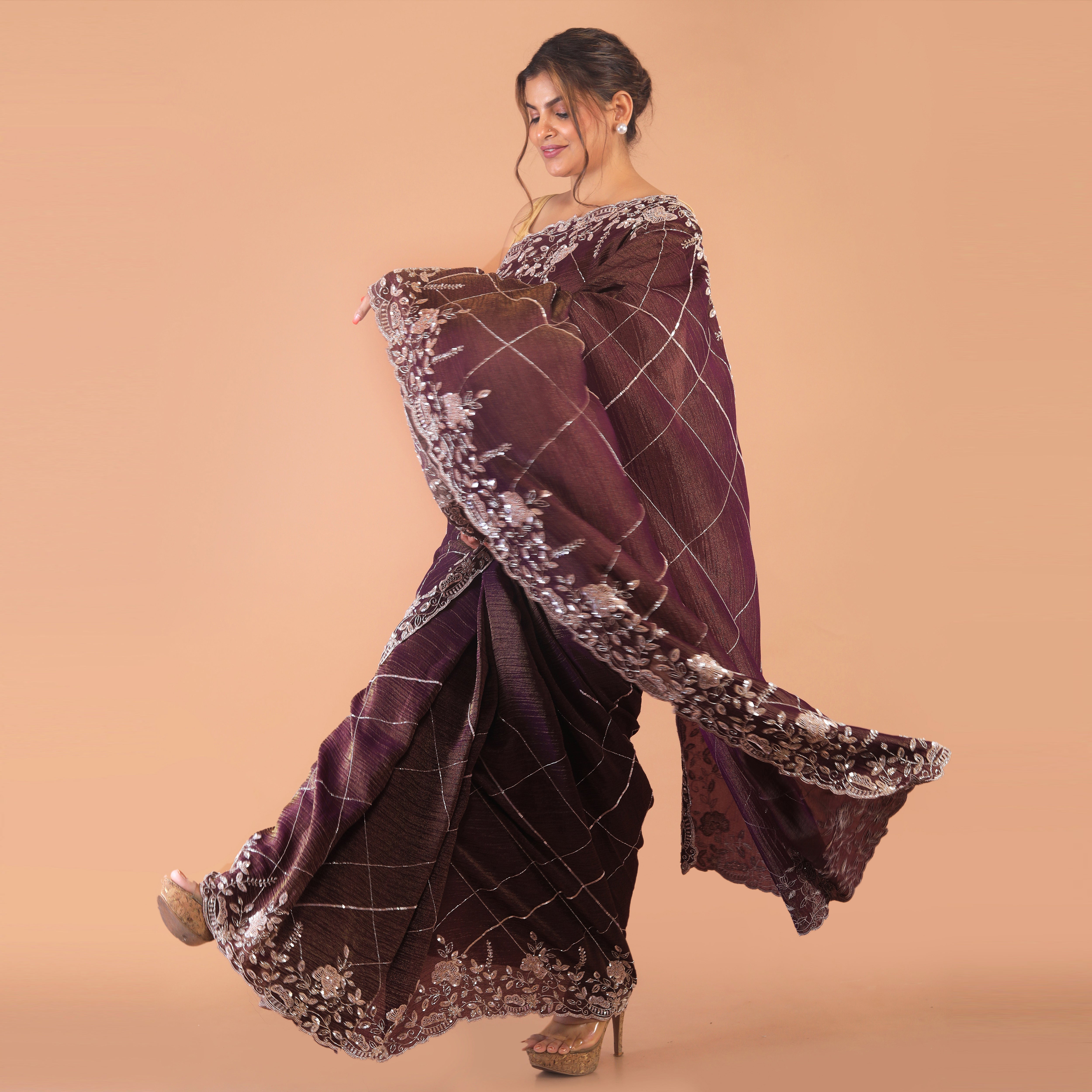 Silk tissue saree cut dana and zardosi work