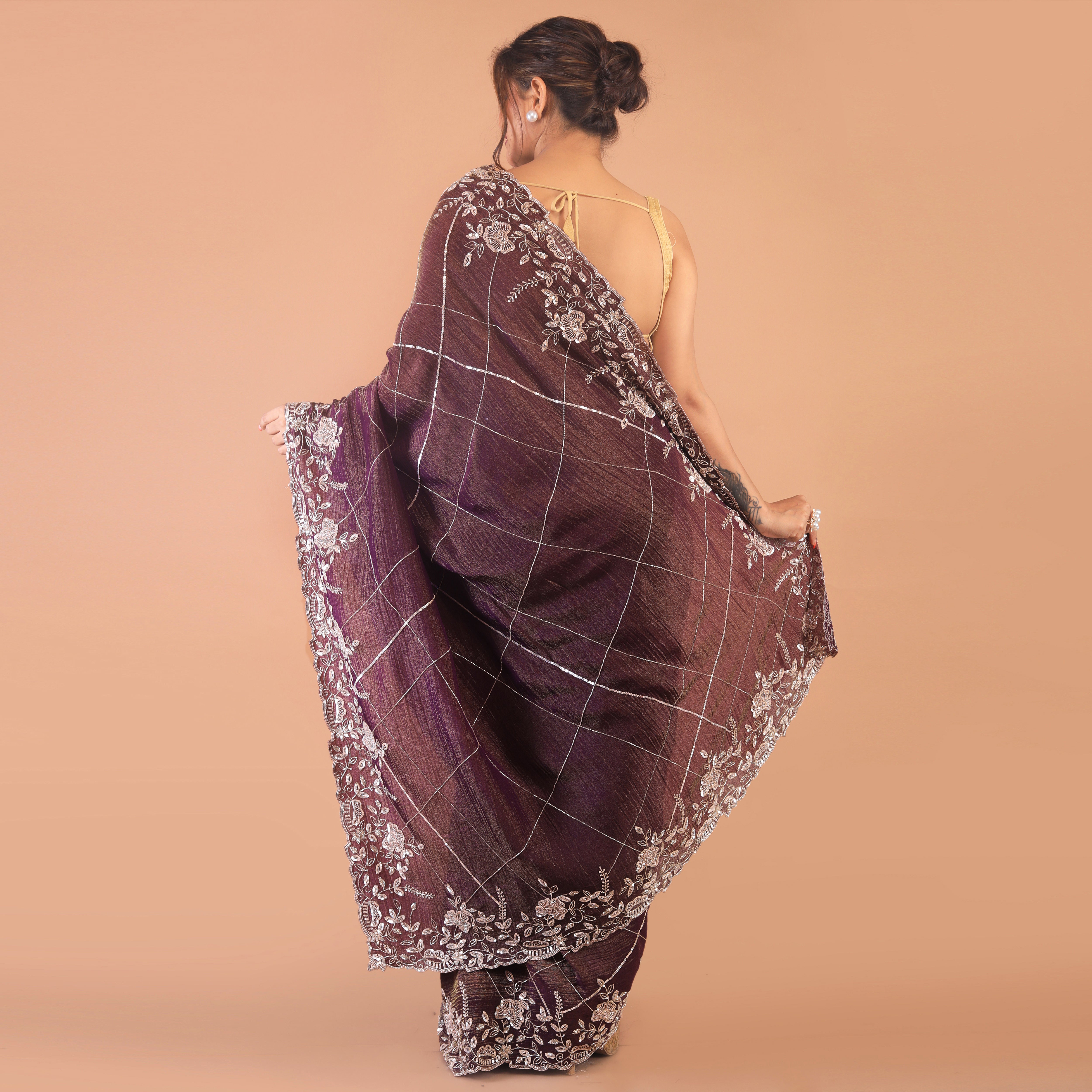 Silk tissue saree cut dana and zardosi work