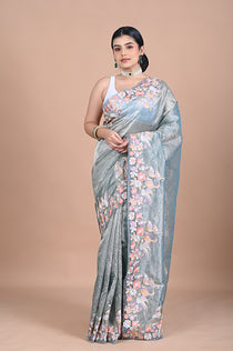 Tissue saree with machine embroidery