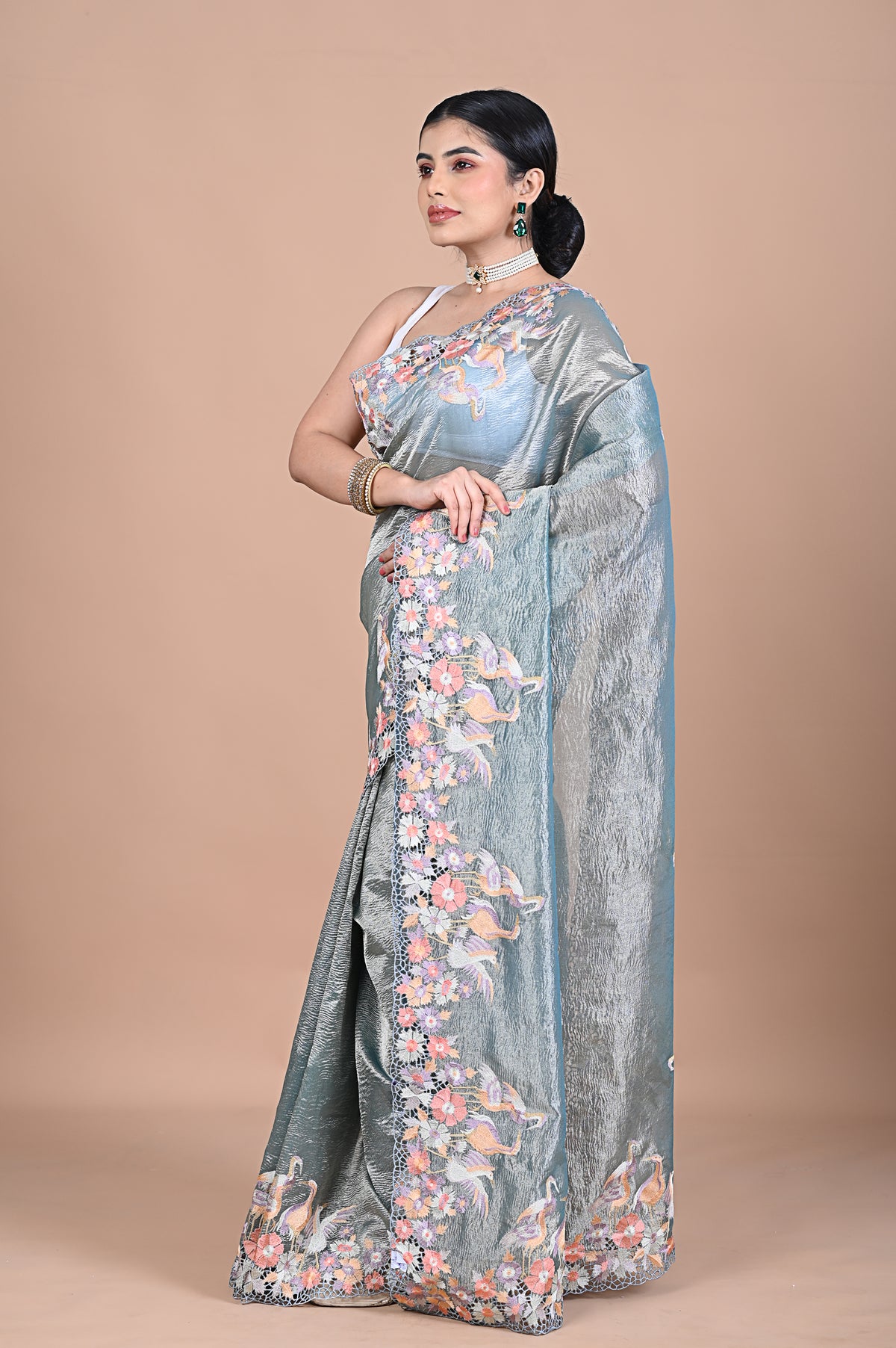 Tissue saree with machine embroidery