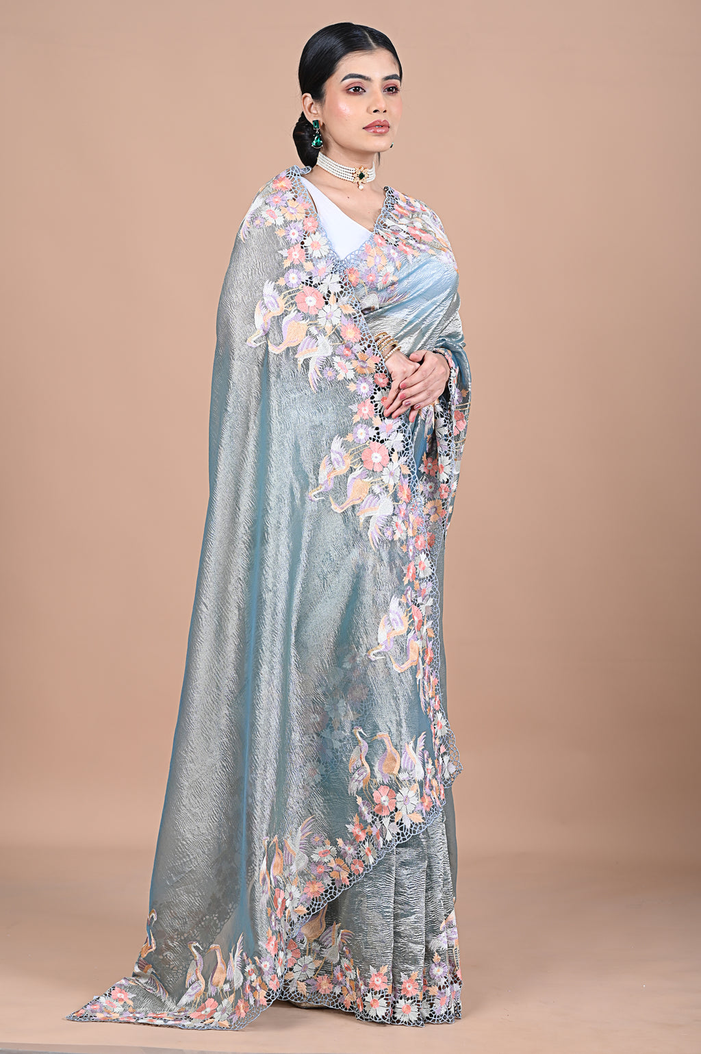 Tissue saree with machine embroidery