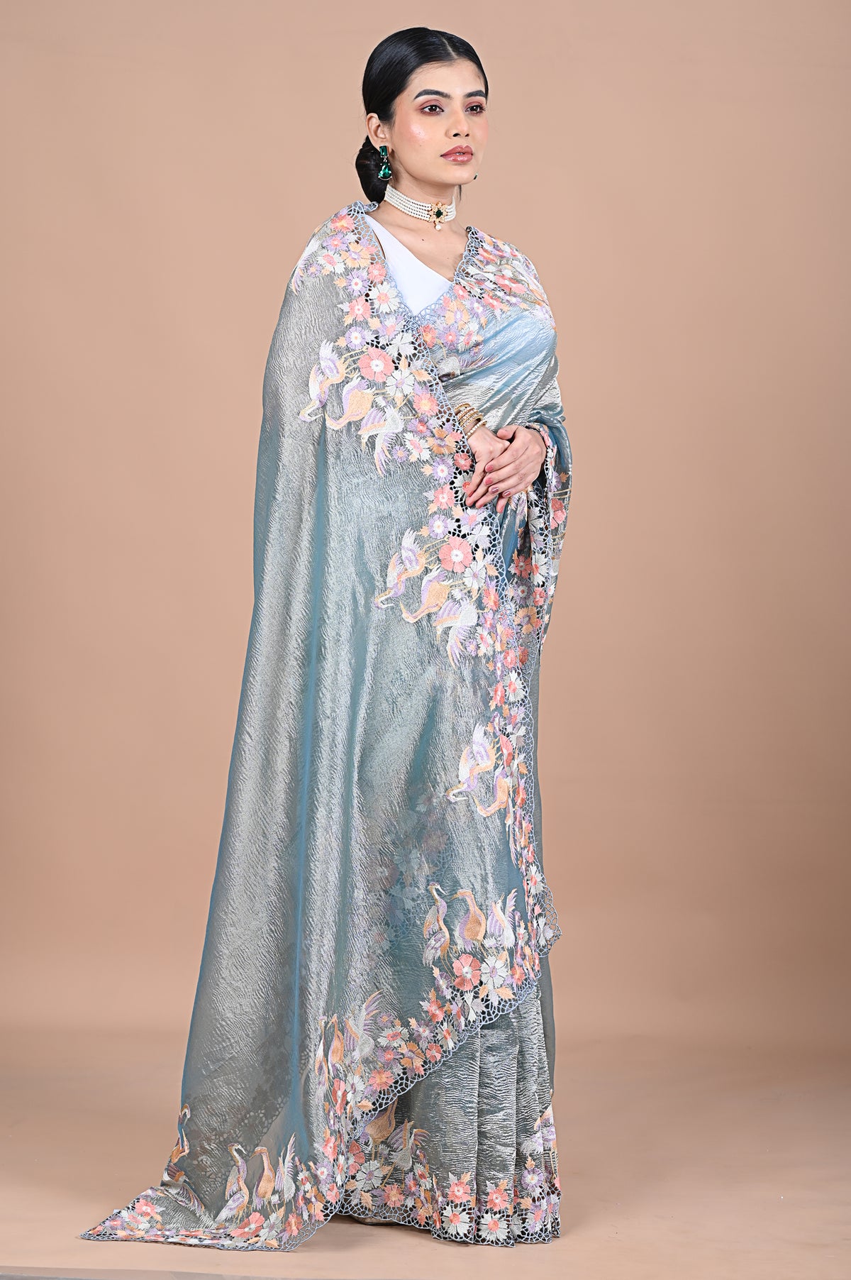 Tissue saree with machine embroidery