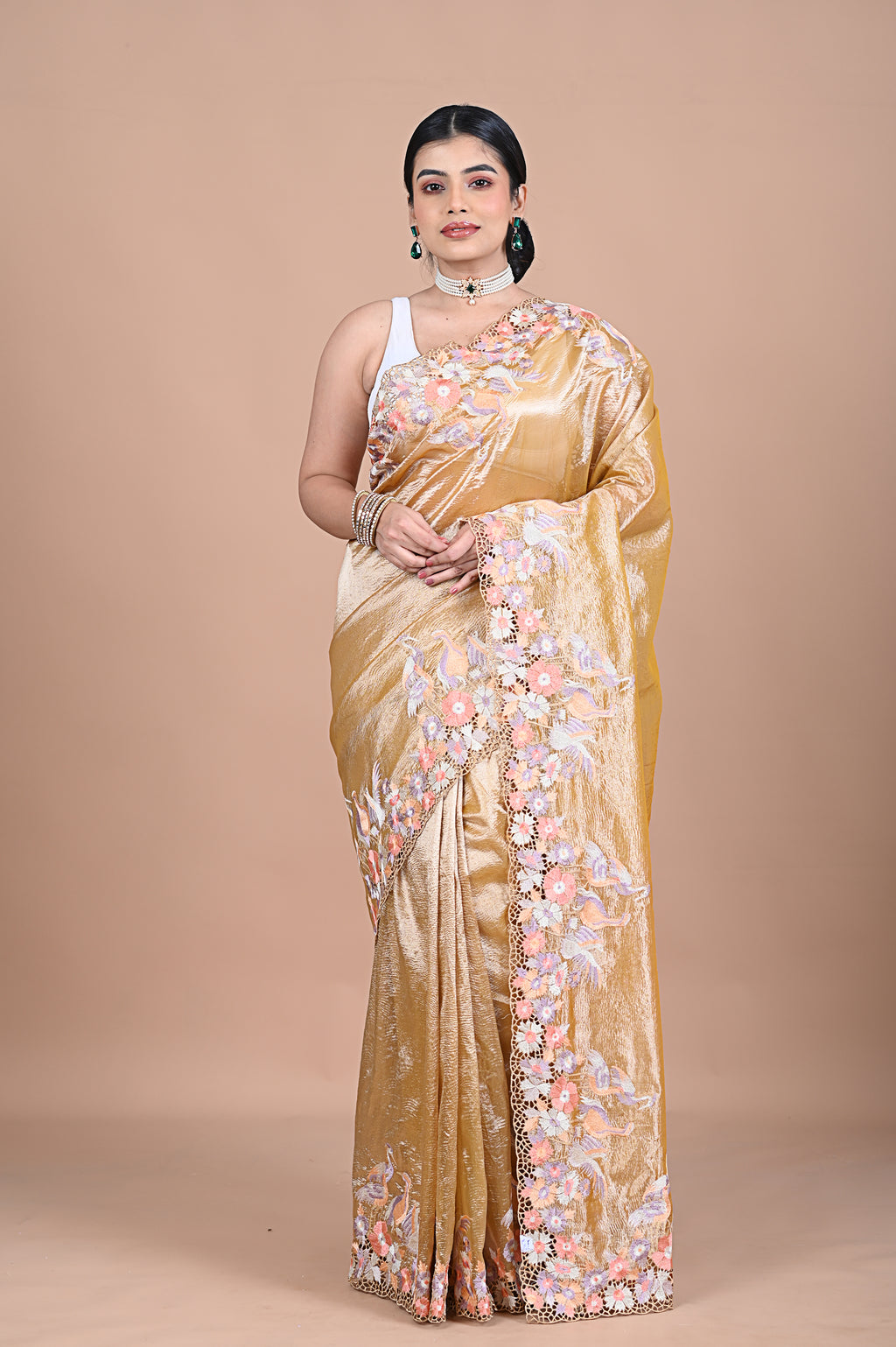 Tissue saree with machine embroidery