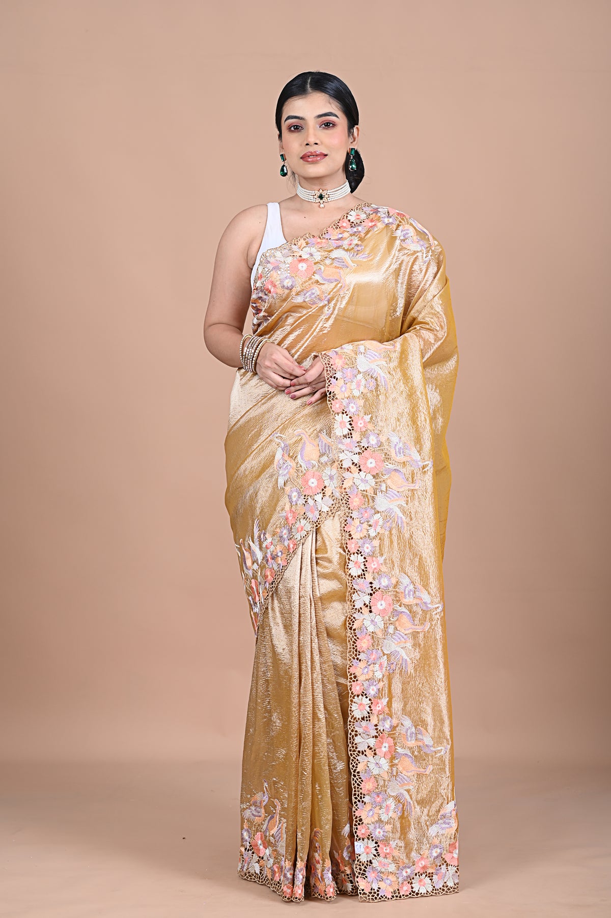 Tissue saree with machine embroidery