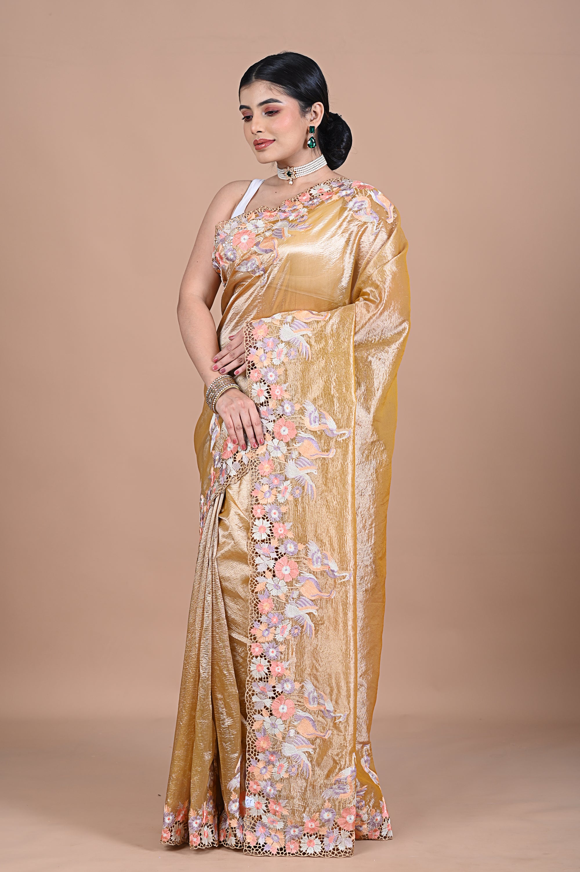 Crushed georgette tissue with embroidery work saree