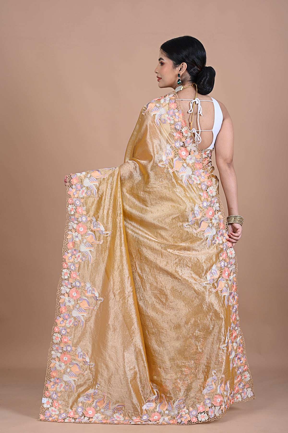 Tissue saree with machine embroidery