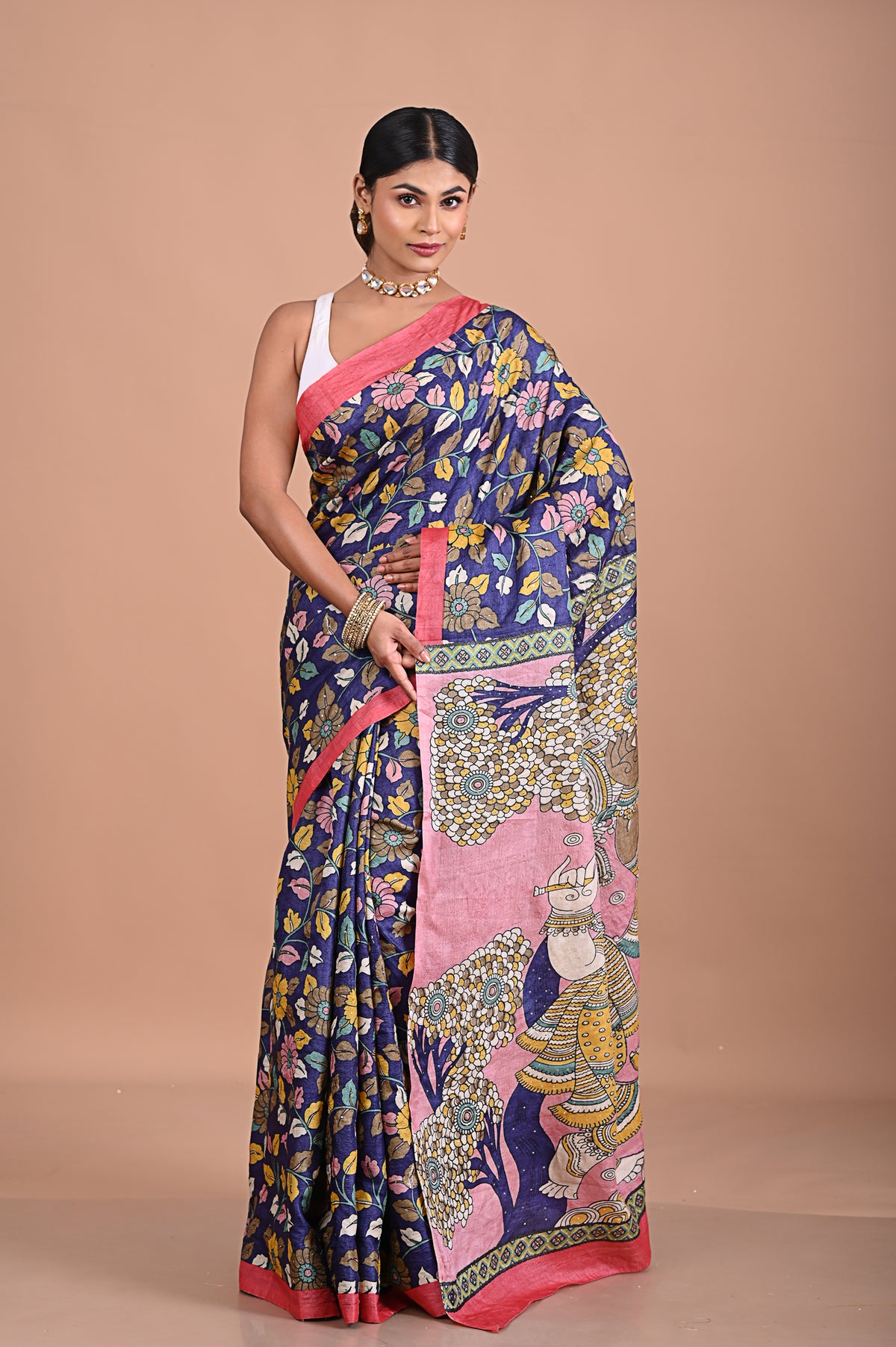 Tusser Kalamkari with hand embroidery