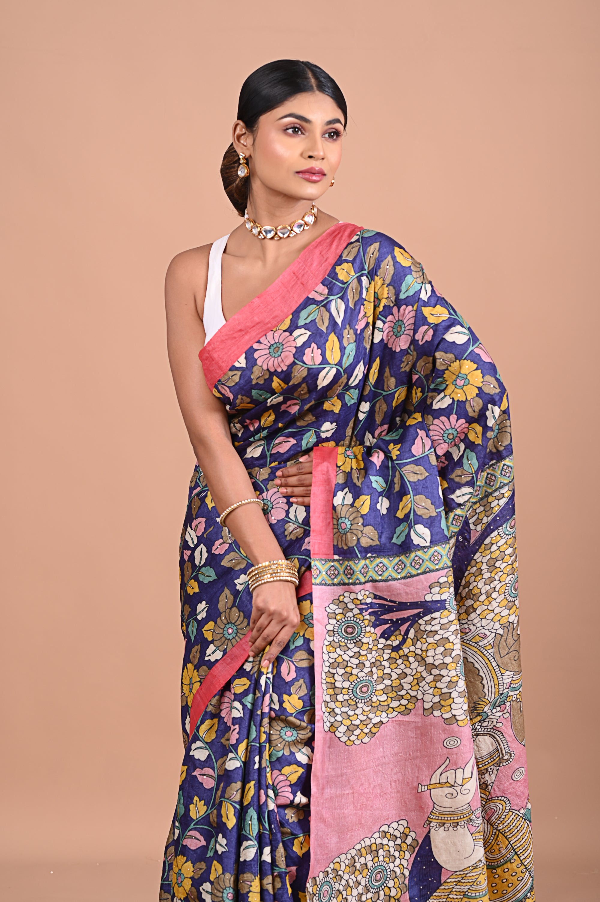 Tusser Kalamkari with hand embroidery Secondary image