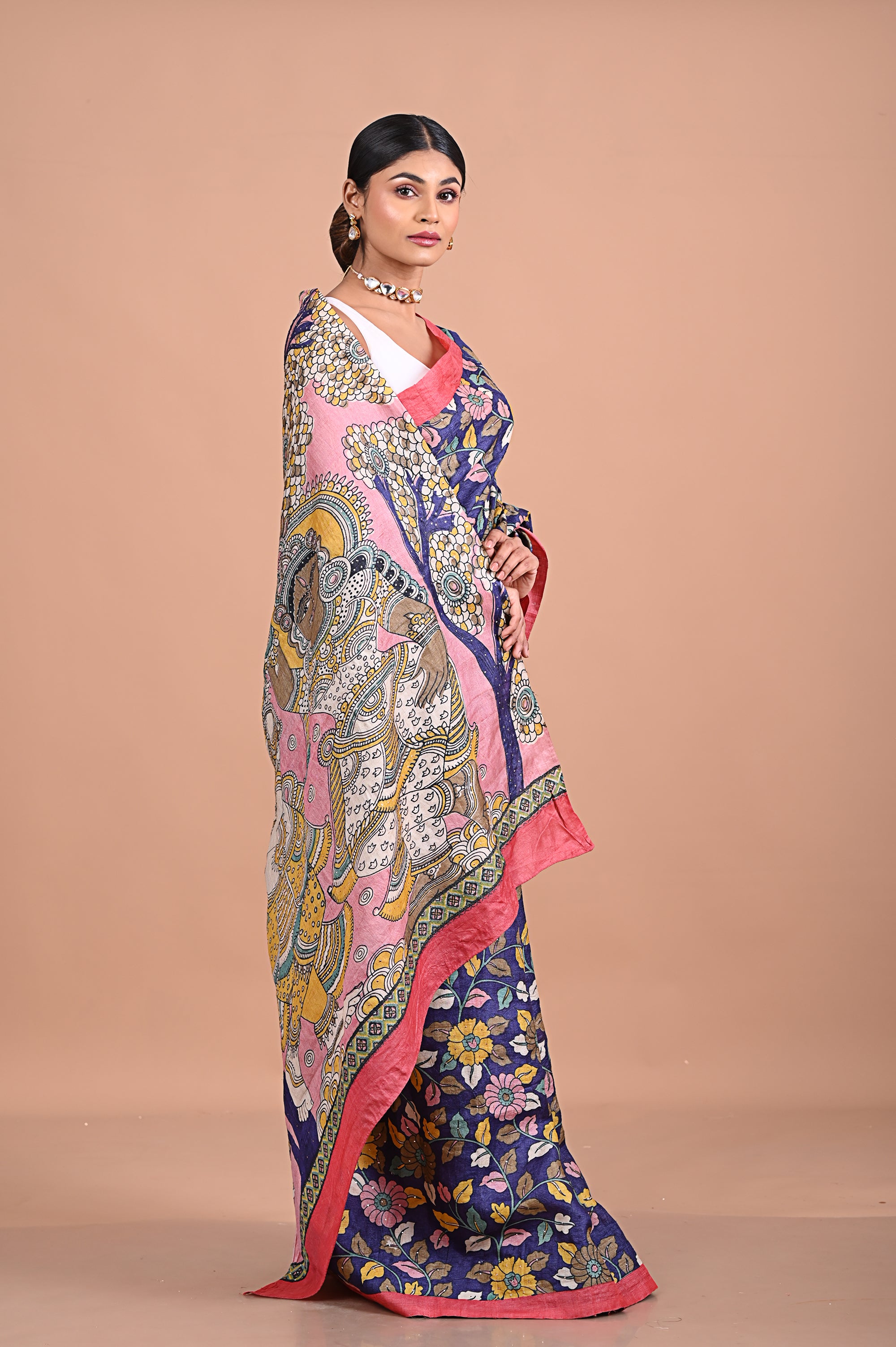 Tusser Kalamkari with hand embroidery