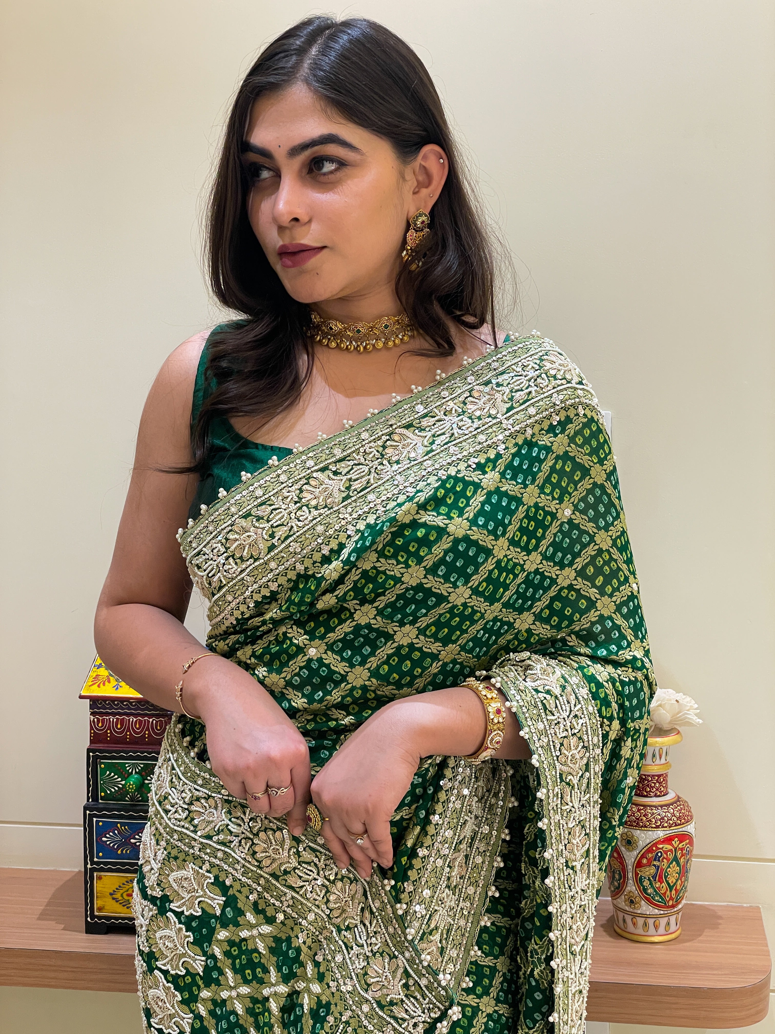 Neem Zari Georgette with zardosi work