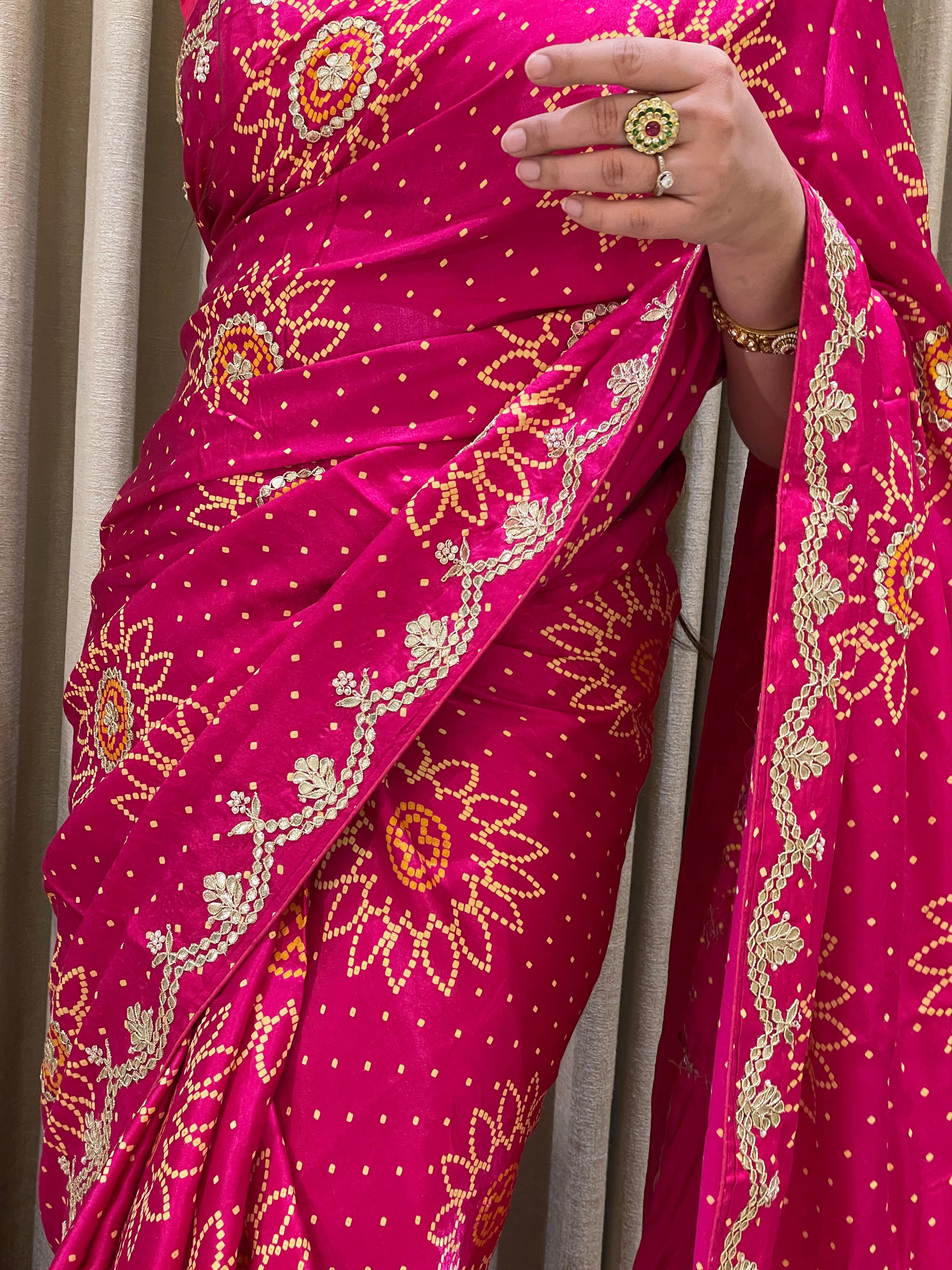 Bandhini on silk with gota work