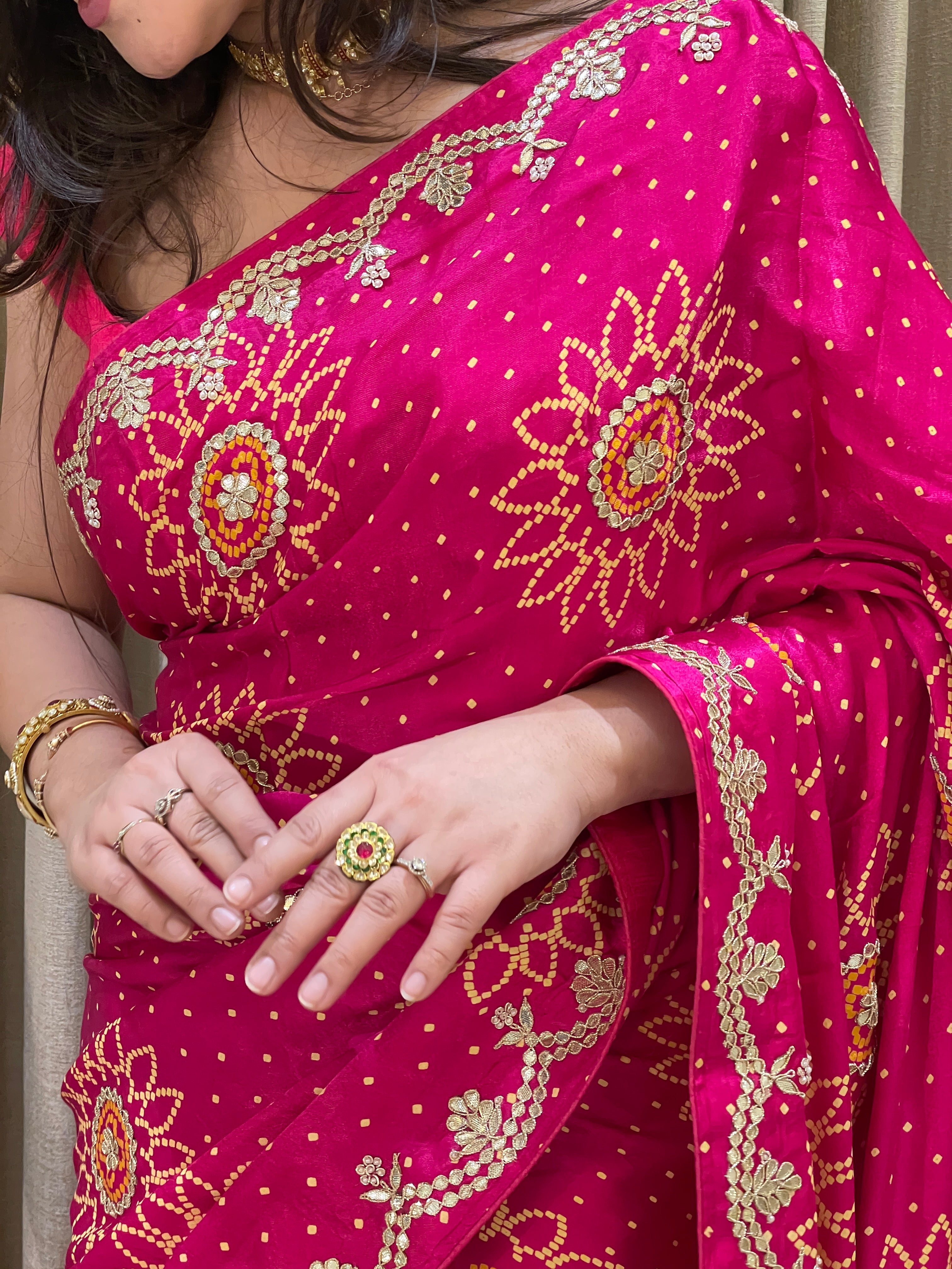 Bandhini on silk with gota work