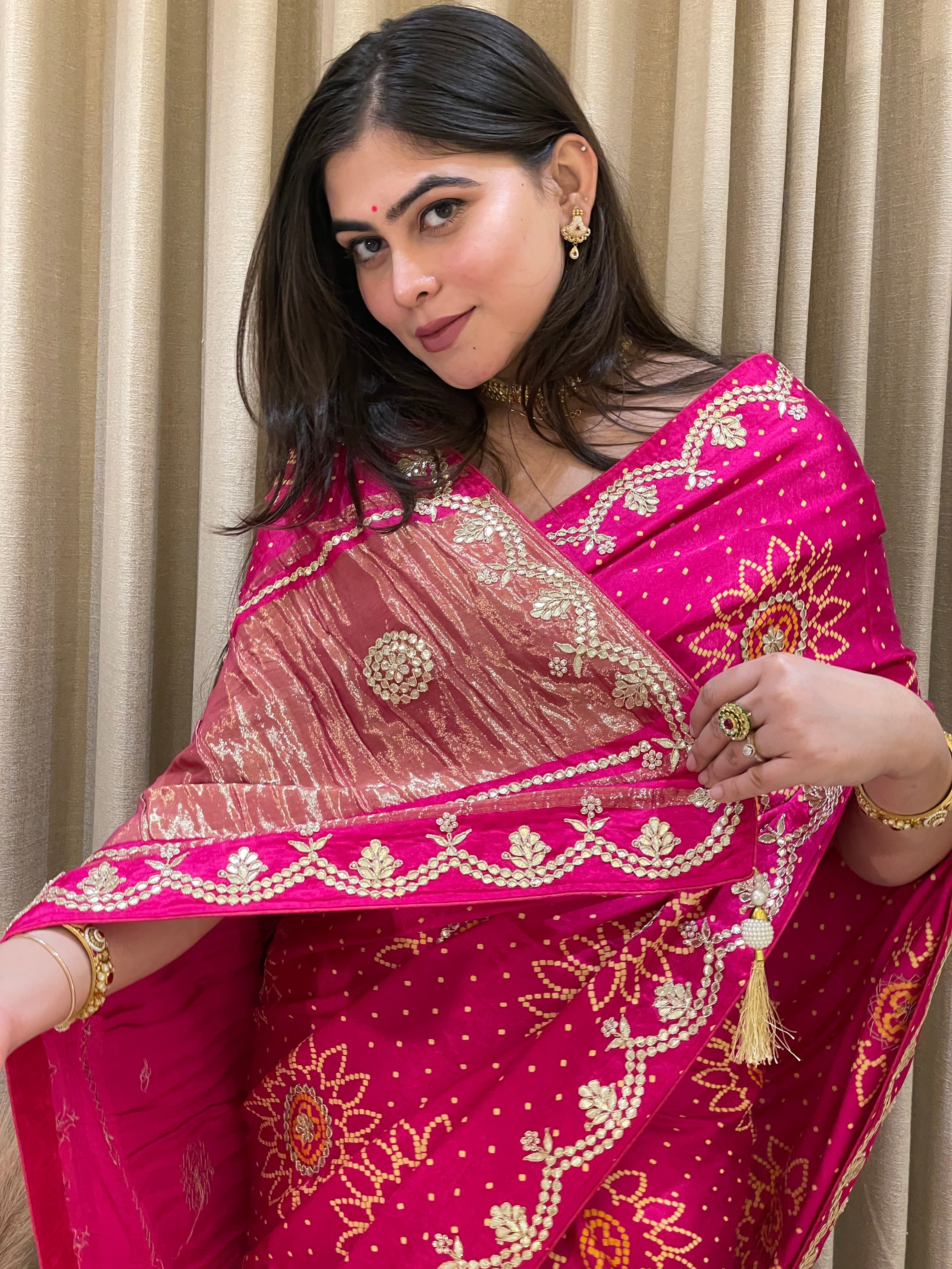 Bandhini on silk with gota work
