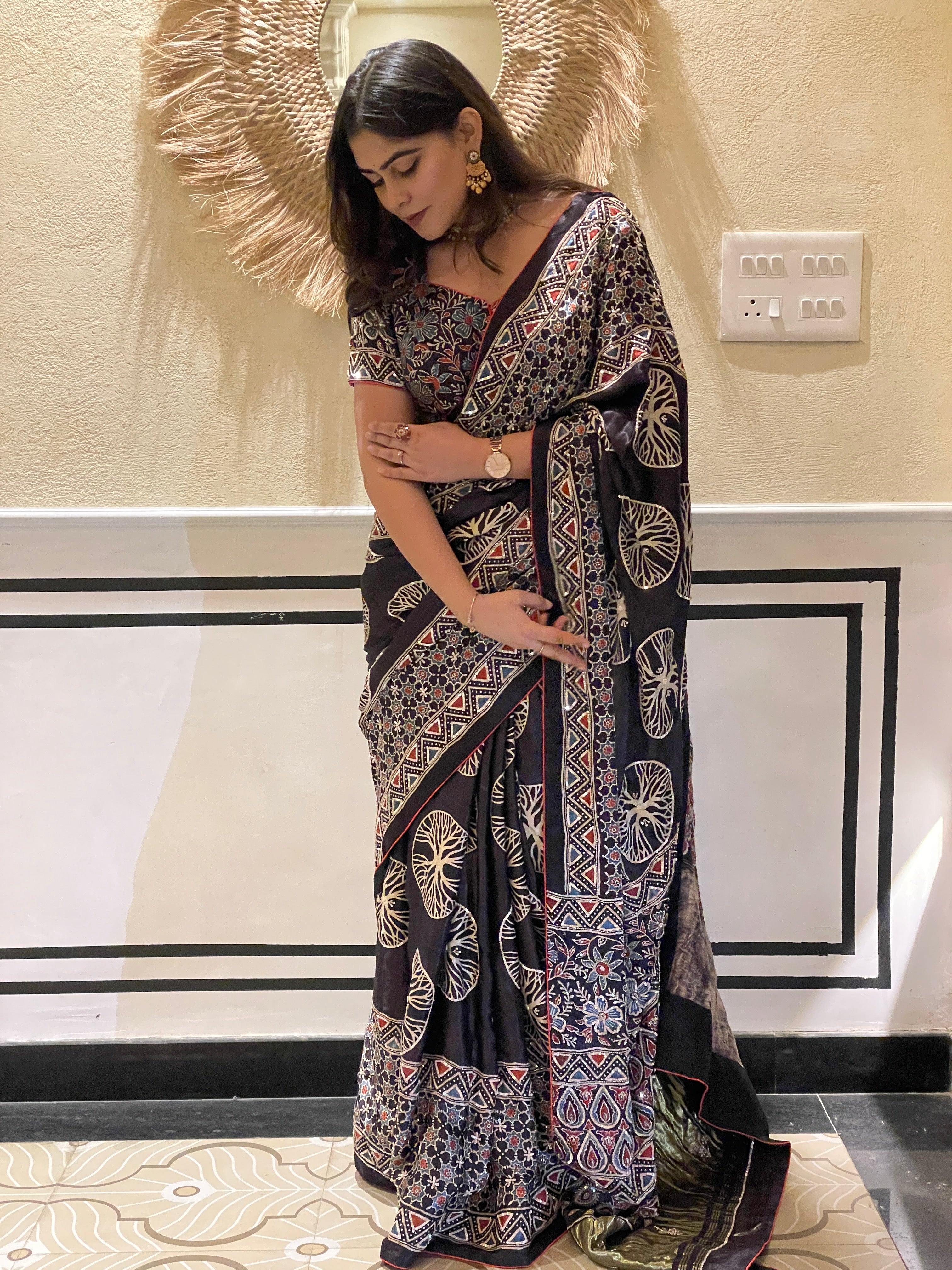Ajrakh saree With Hand embroidery