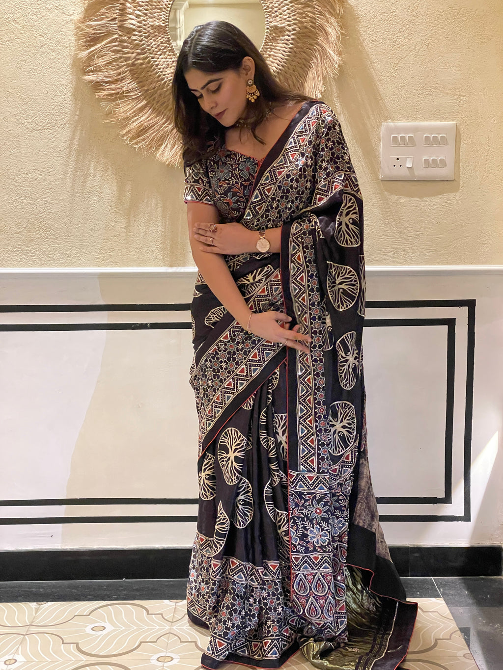 Ajrakh saree With Hand embroidery