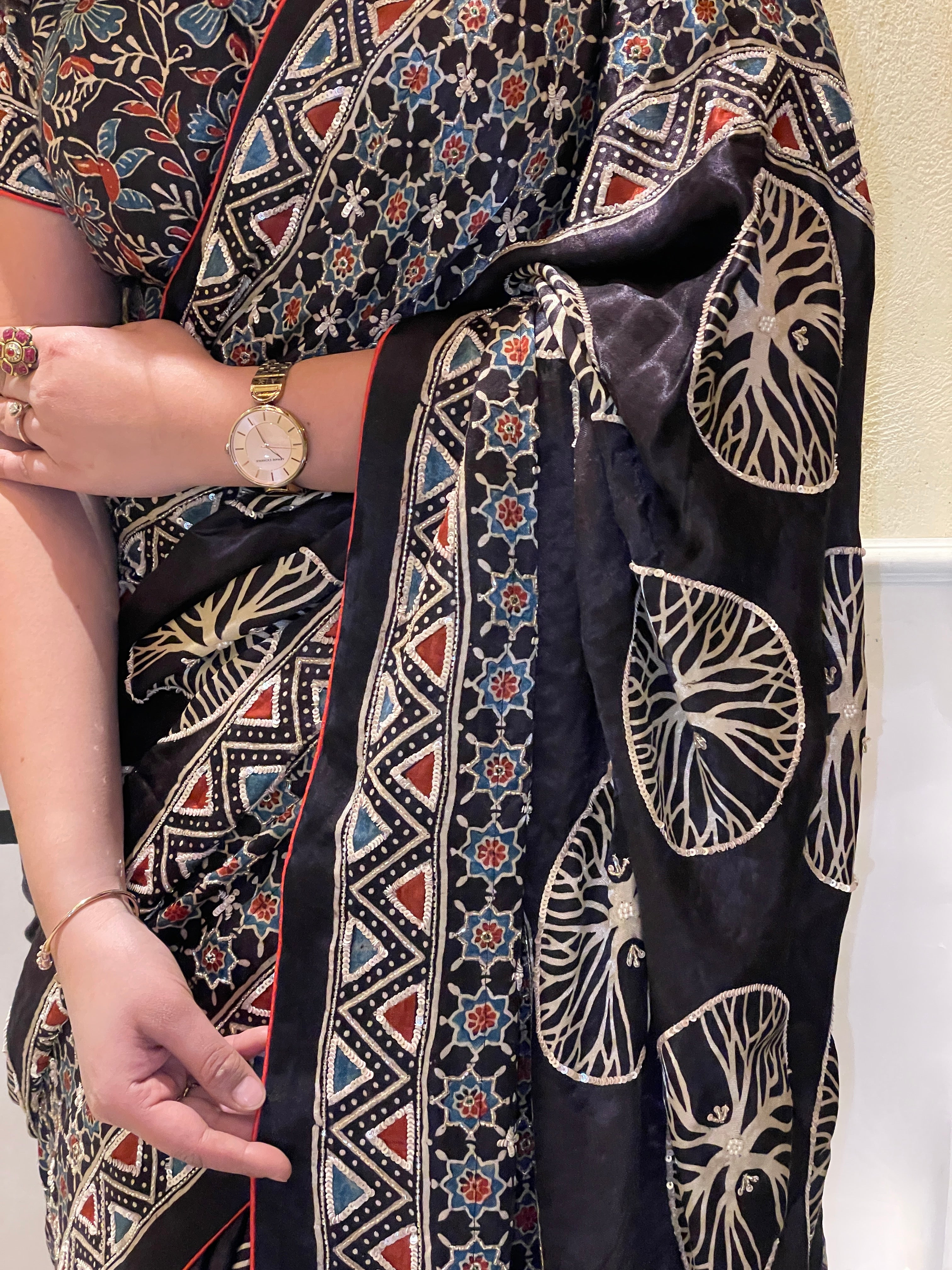 Ajrakh saree With Hand embroidery