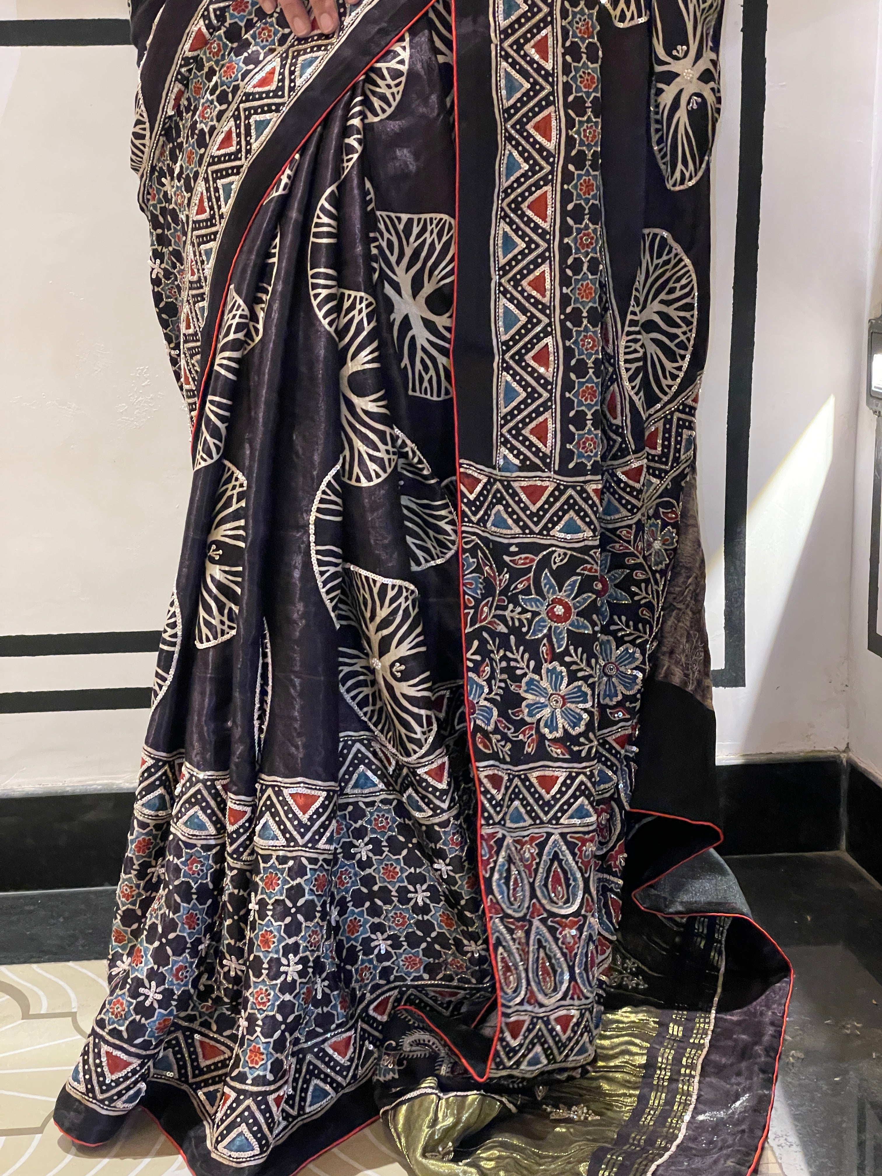 Ajrakh saree With Hand embroidery